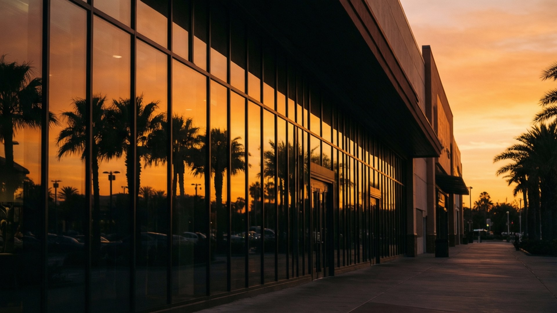 Sunset Glass Facade 壁紙 — 一座現代玻璃建築在黃昏時分反射出棕櫚樹和充滿活力的橙色日落天空。
