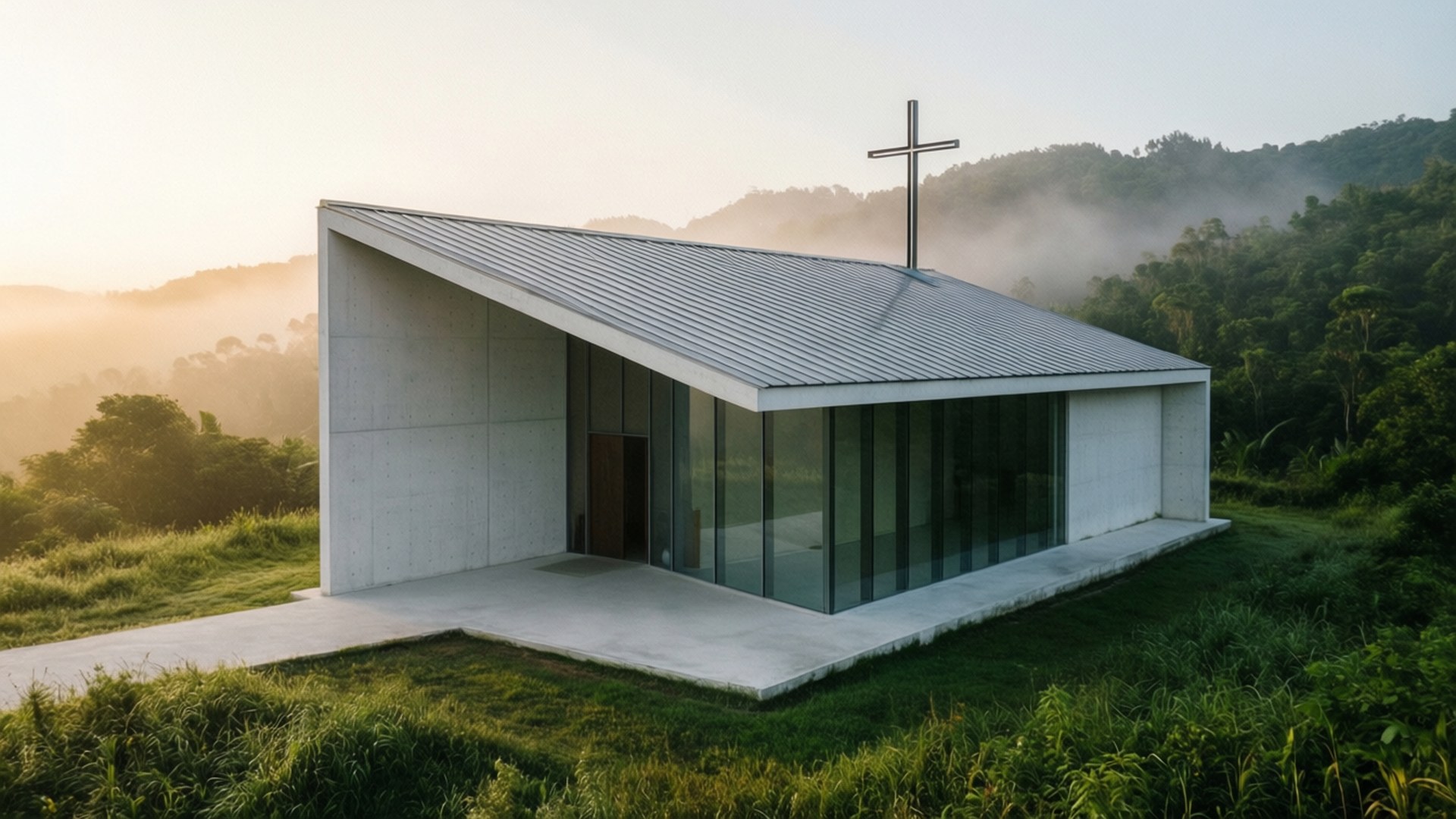 Minimalist Dawn Church 壁紙 — 一座現代混凝土教堂，設有玻璃牆和金屬十字架，坐落在日出時分的草地上，背景是霧氣籠罩的樹林山丘。