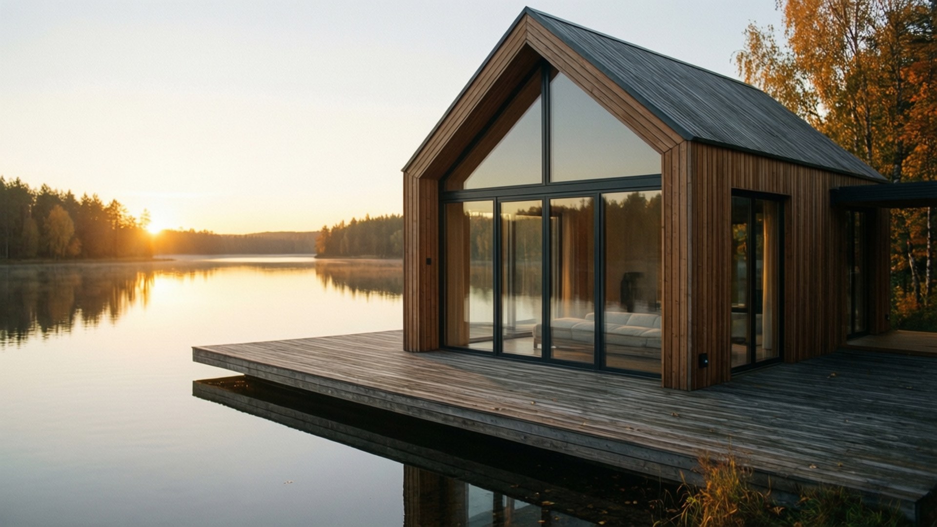 Lake House Sunrise 壁紙 — 一座現代木屋，玻璃牆，坐落在碼頭上，俯瞰平靜的水面，金色日落。