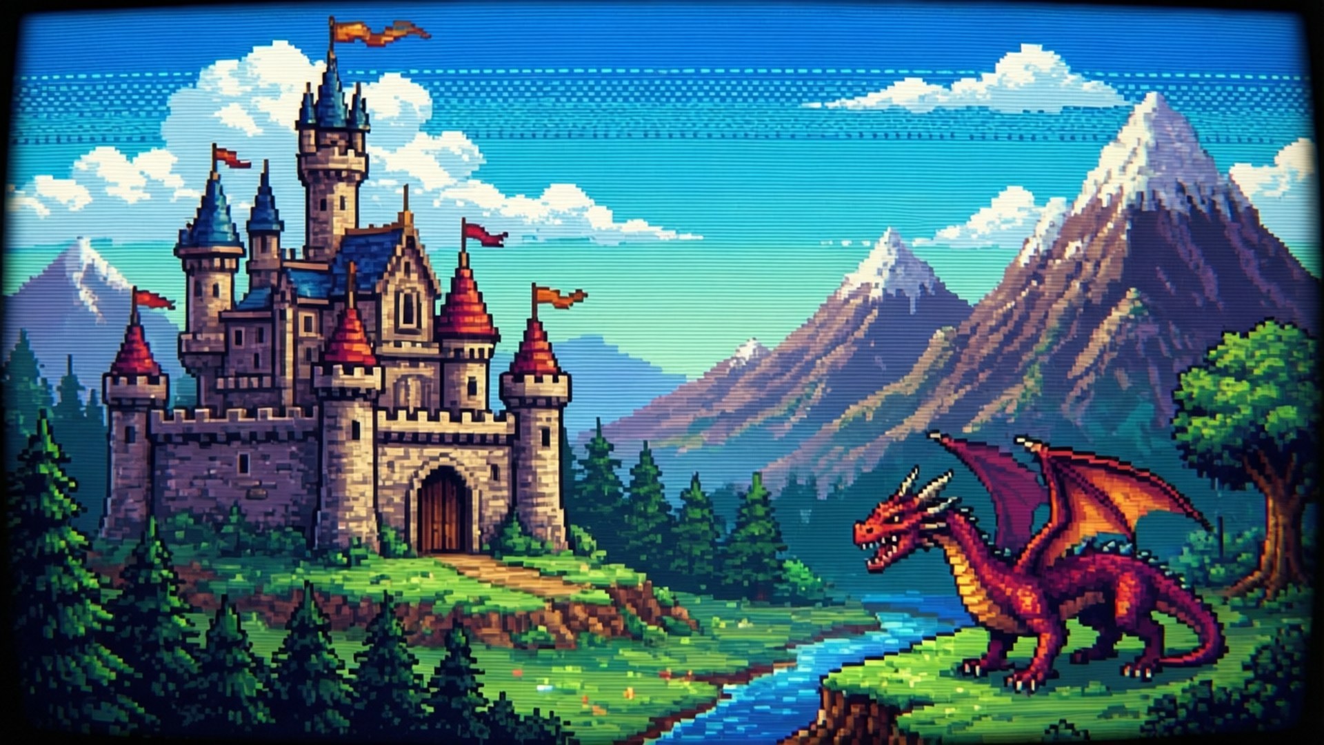 Pixel Art Fantasy 壁紙 — 一座像素藝術城堡，紅色屋頂和藍色旗幟，矗立在河邊，一條紅龍在雪山附近休息。