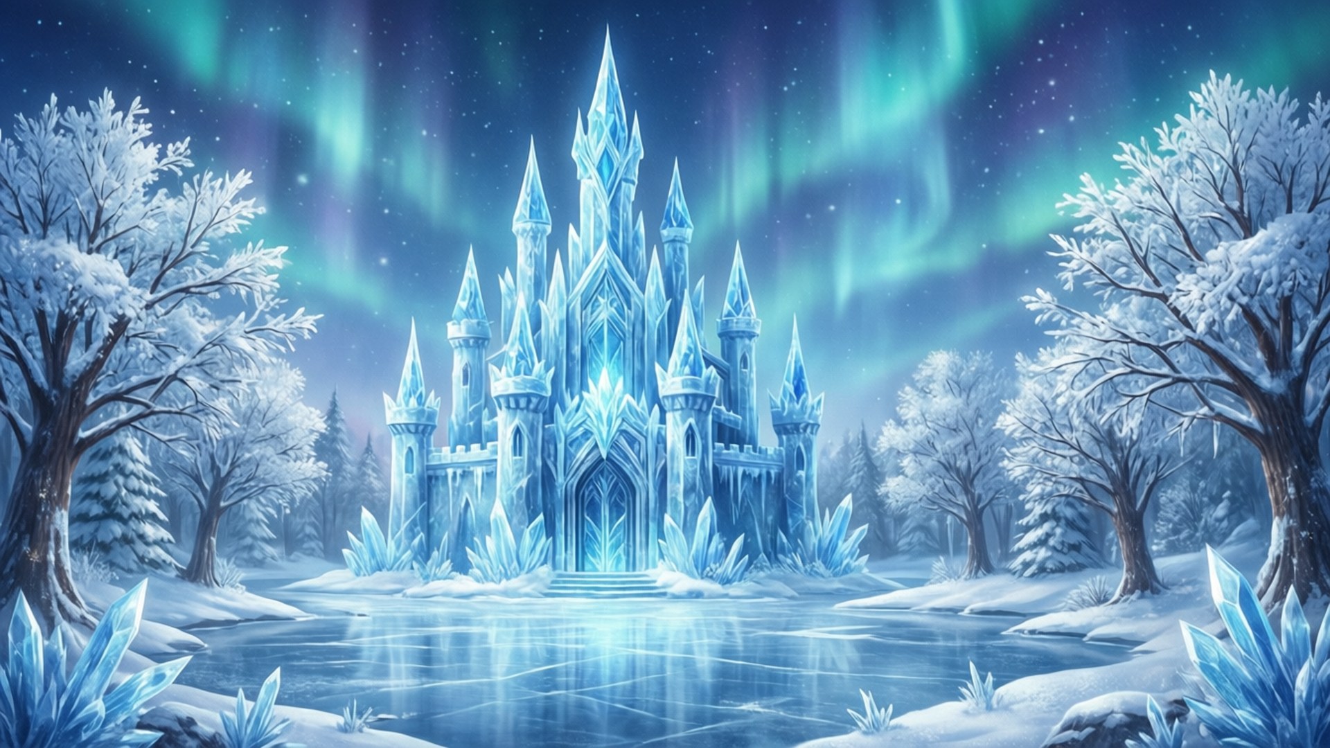 Ice Castle Winterland 壁紙 — 一座雄偉的冰城堡，帶有發光的藍色尖塔，矗立在白雪皚皚的森林中，上方是充滿活力的北極光。