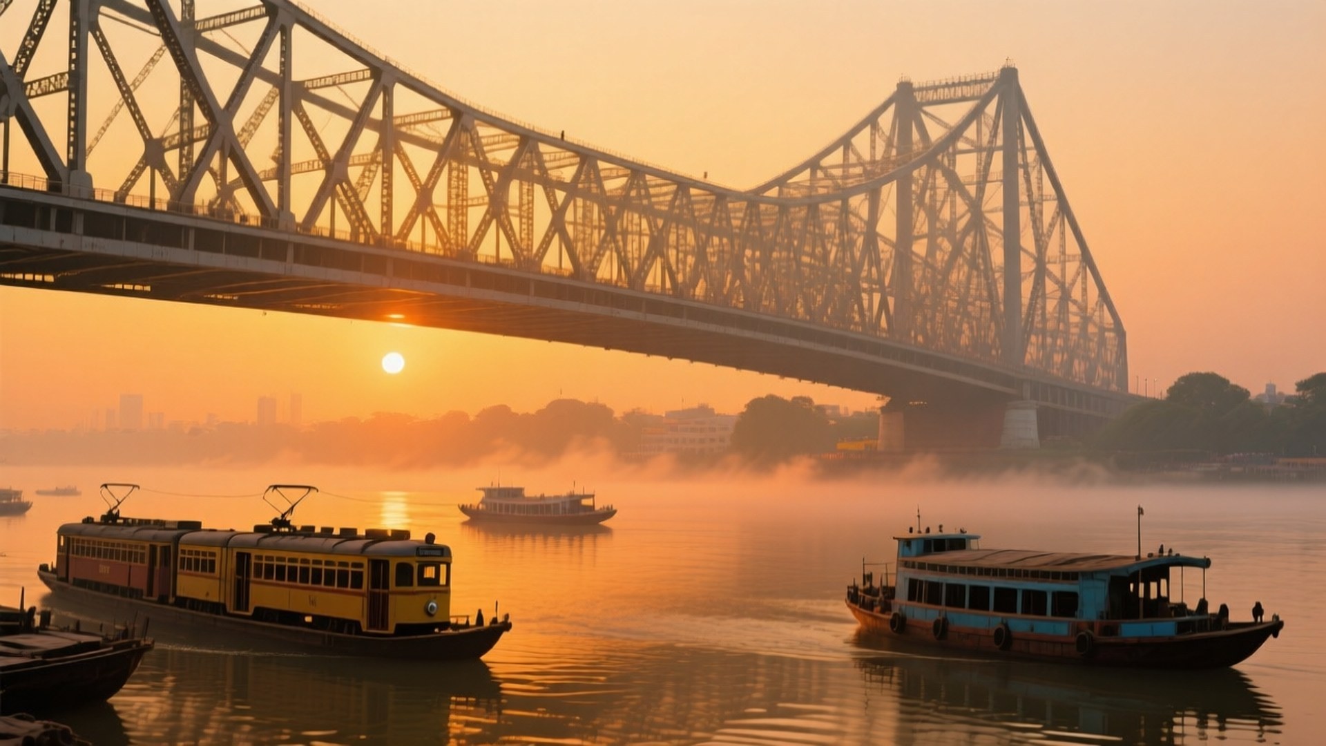 Howrah Bridge Sunrise 壁紙 — 一座雄偉的鋼桁架橋在日出時拱跨在霧氣瀰漫的河流上，船隻在其溫暖的金色光芒下滑行。
