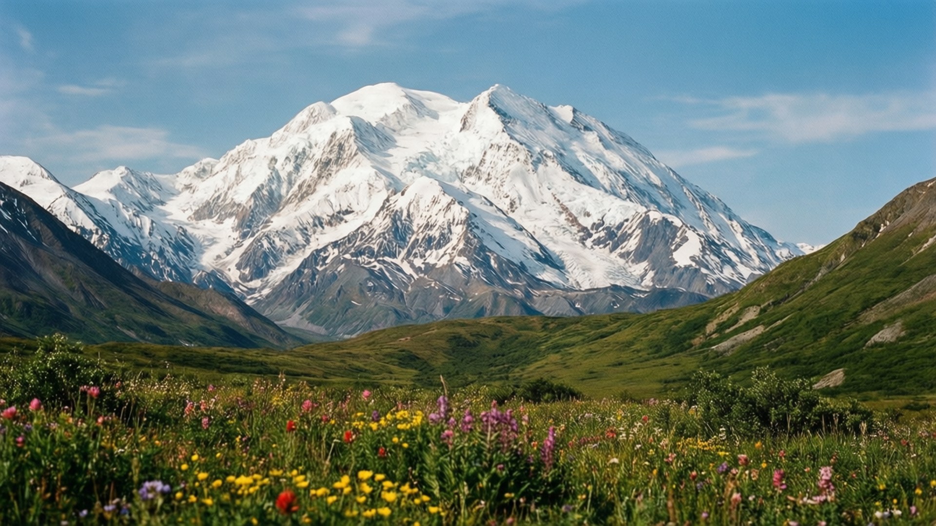 Denali Summer Glory 壁紙 — 一座雄偉的雪山在晴朗的藍天下，從一片色彩繽紛的野花草甸後方升起。