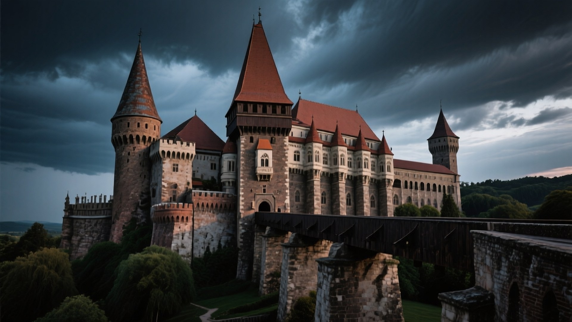 Corvin Castle Storm 壁紙 — 一座雄偉的中世紀城堡，擁有紅色瓦片屋頂和石塔，矗立在陰暗暴風雨的天空下。