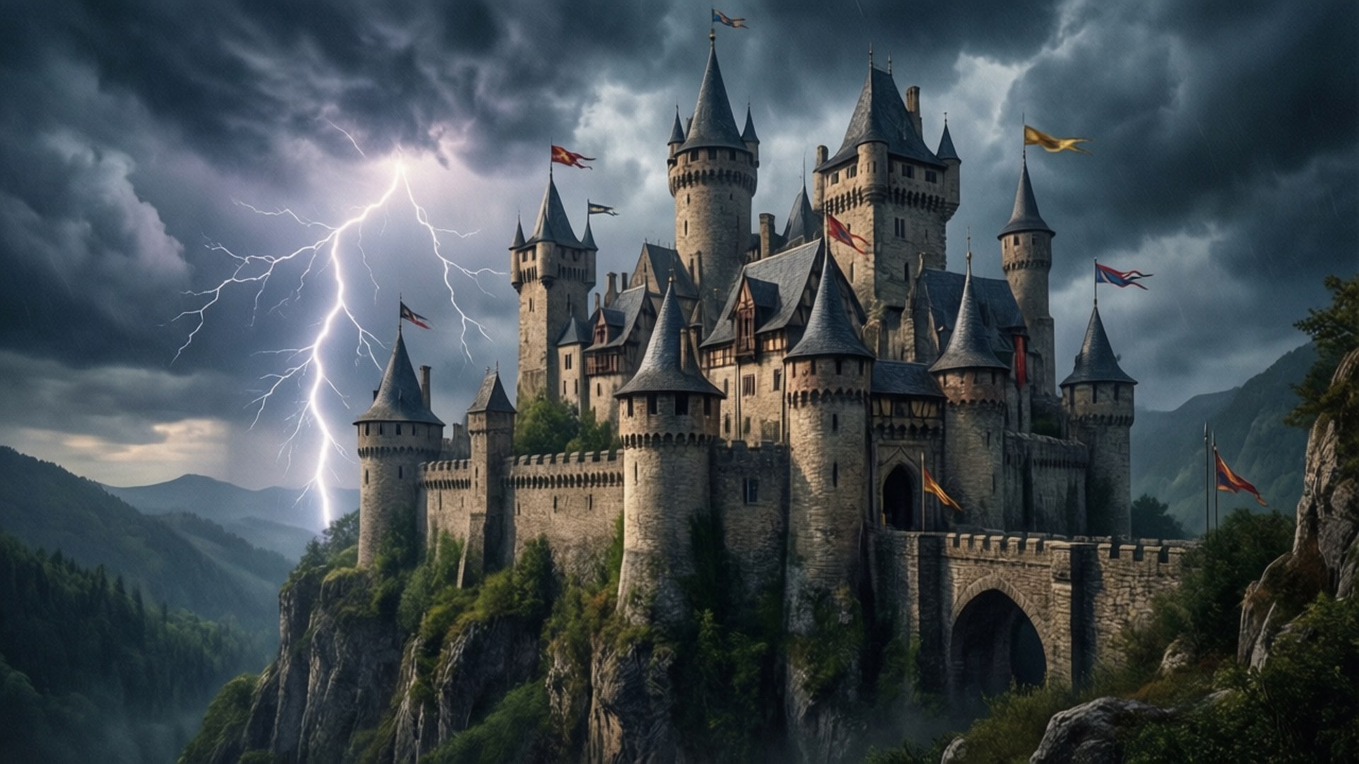 Epic Medieval Castle 壁紙 — 一座雄偉的中世紀城堡坐落在懸崖上，閃電戲劇性地劃破暴風雨的天空。