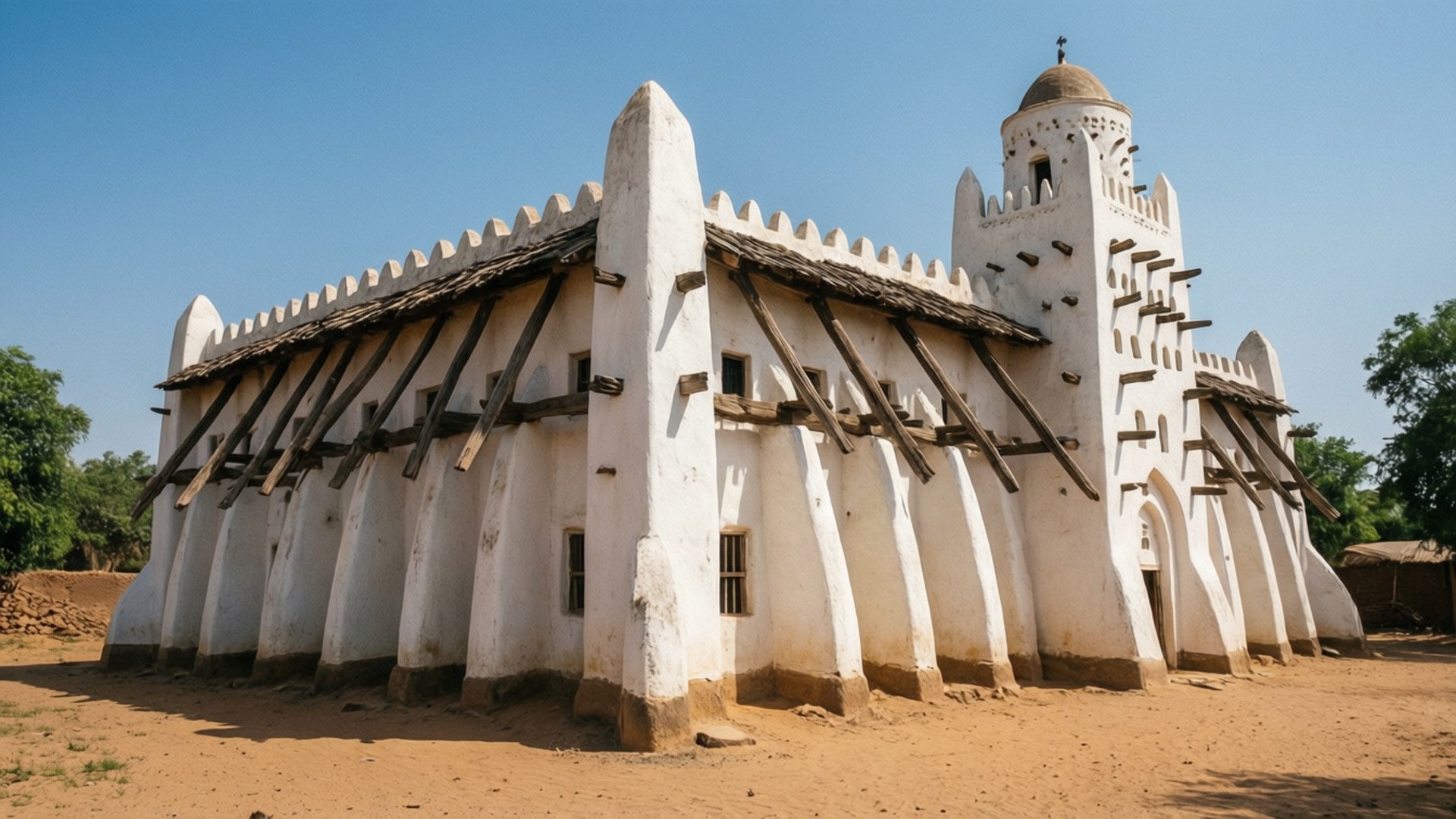 Larabanga Mosque 壁紙 — 一座引人注目的白色泥磚清真寺，帶有木樑和圓頂塔樓，矗立在乾燥景觀中清澈的藍天下。