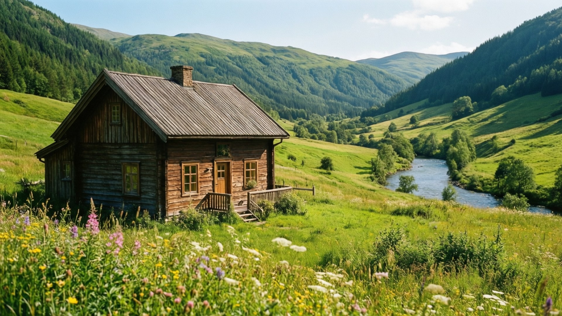 Valley Cottage Idyllic 壁紙 — 一座質樸的木屋坐落在陽光明媚的草地上，旁邊是一條蜿蜒的河流，背景是森林覆蓋的山丘。