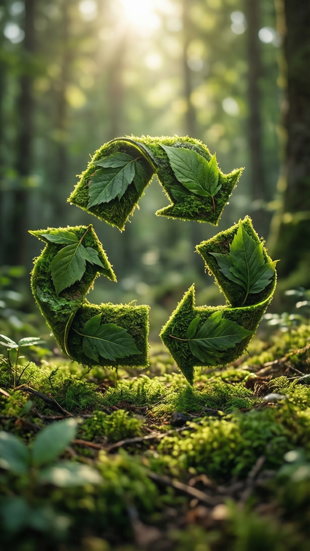 Recycling Symbol Moss 壁紙 — 一個佈滿苔蘚的葉形回收標誌在陽光斑駁的森林中發光，光線穿過樹木灑落。