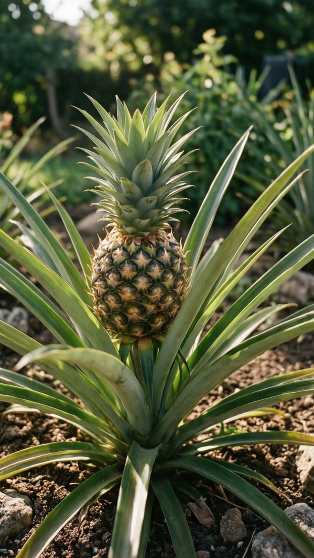 Pineapple Plant in Garden 壁紙 — 一個成熟的鳳梨在花園中直立生長，周圍是長長的綠葉和陽光照耀的土壤。