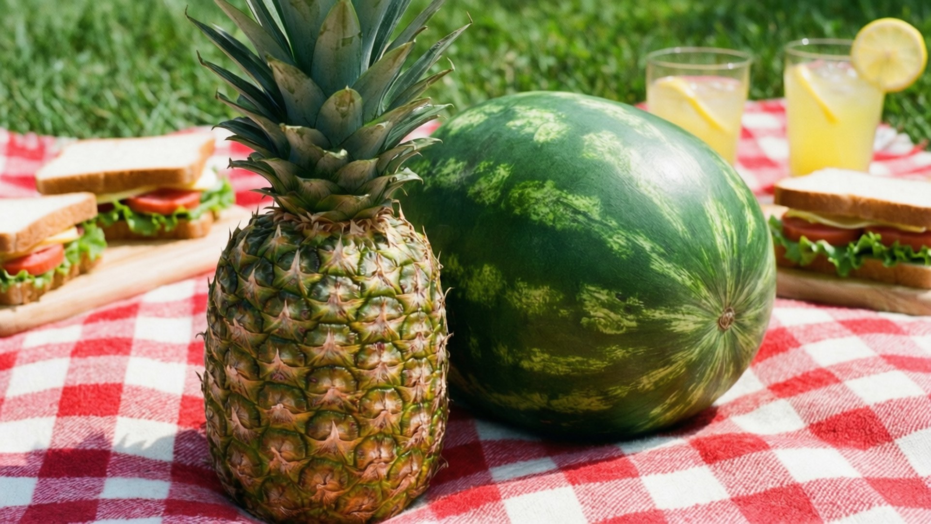 Pineapple Watermelon Picnic 壁紙 — 一個成熟的鳳梨和西瓜放在紅白格子野餐墊上，旁邊有三明治和檸檬水。