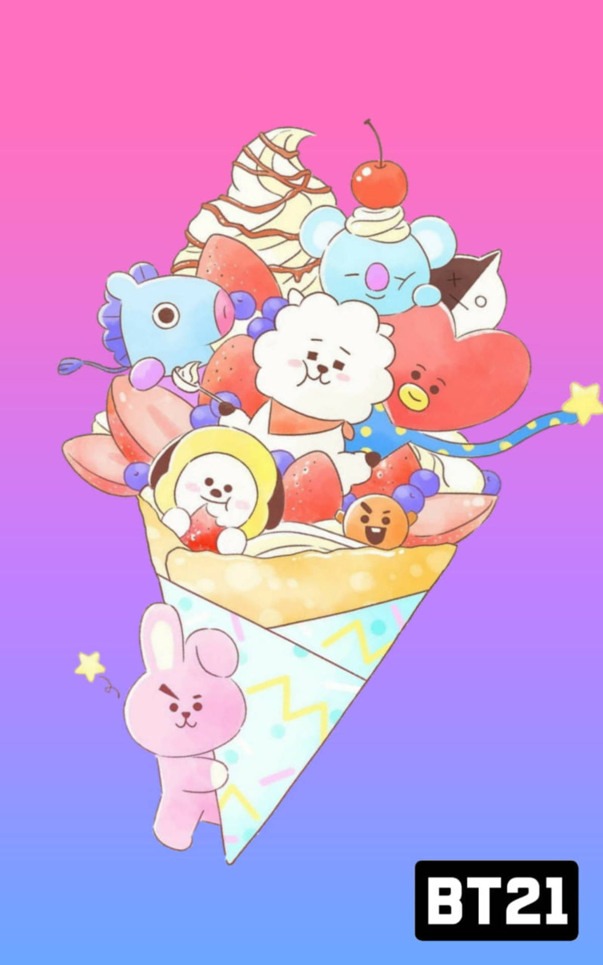 BT21角色堆在一個巨大的冰淇淋甜筒裡，配上草莓和櫻桃。 — Bts 壁紙