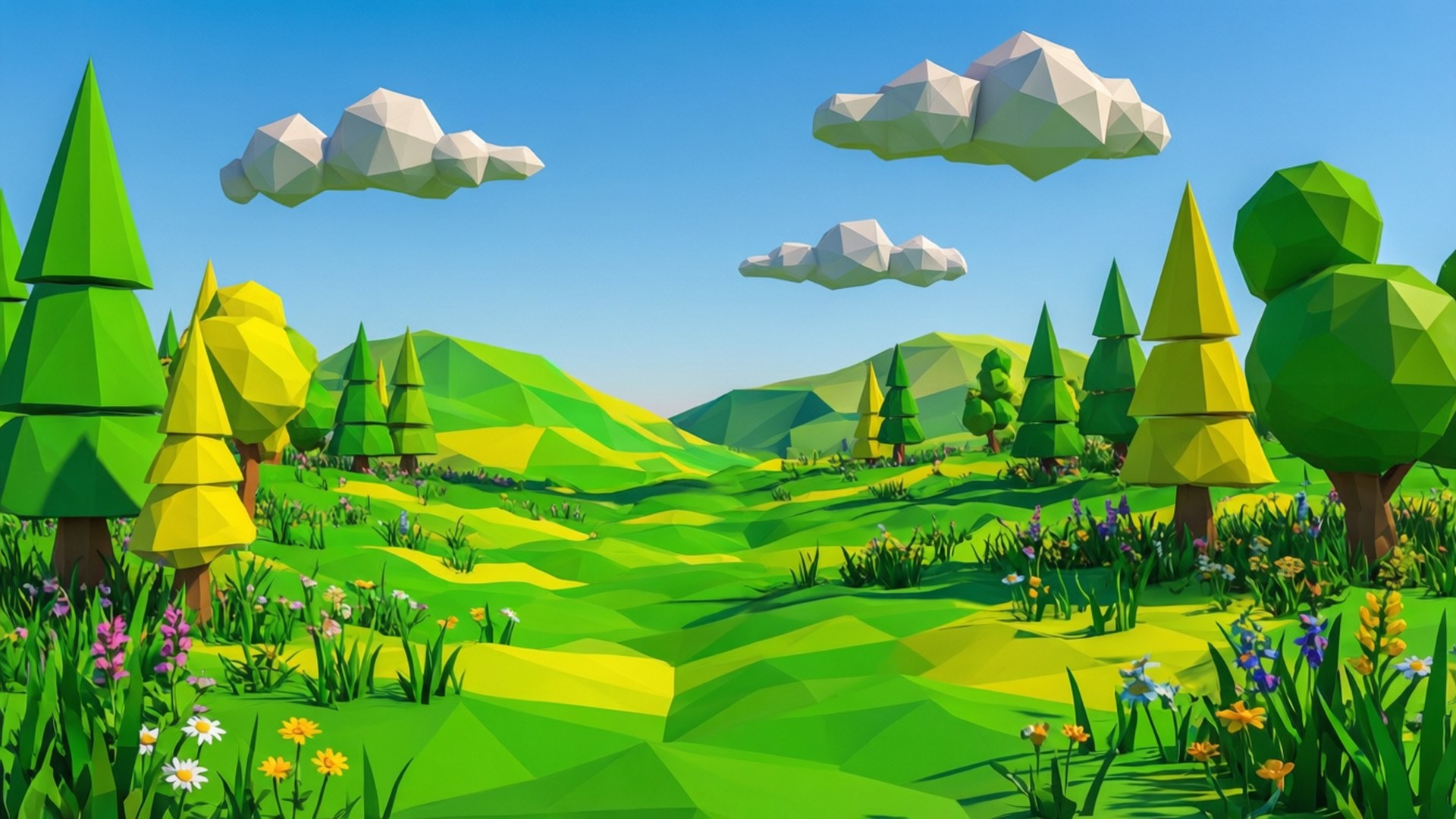 Rolling Fields 壁紙 — 一個充滿活力的低多邊形景觀，有幾何綠色山丘、黃色樹木和色彩繽紛的花朵，在藍天白雲下。