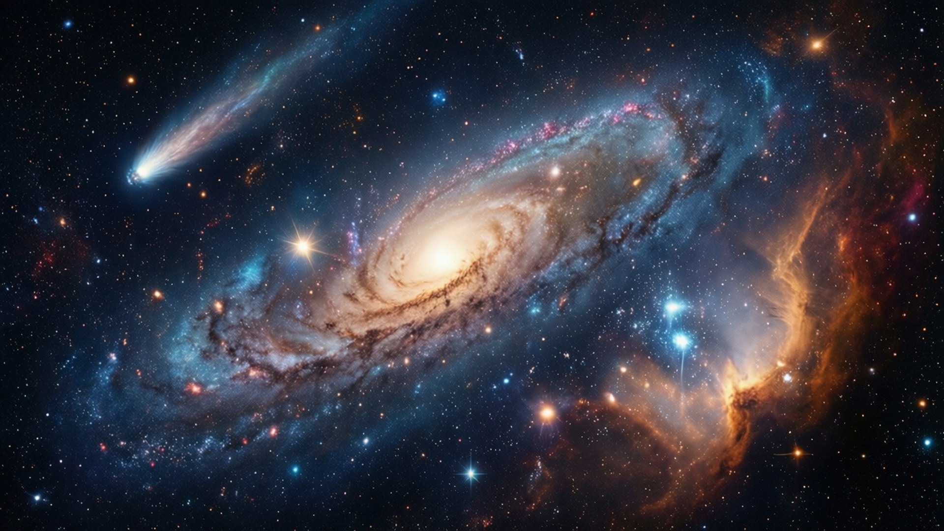 Spiral Galaxy Star 壁紙 — 一個充滿活力的螺旋星系，帶有發光的藍色和橙色星雲，在星場中旋轉，一顆彗星劃過。