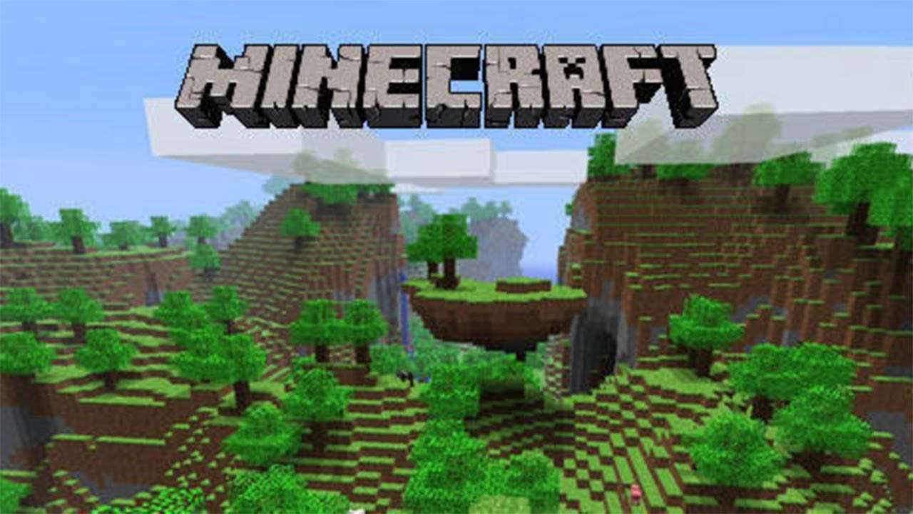 Minecraft遊戲場景，藍天下有浮島和像素化的樹木。 — 1280x720 Minecraft 壁紙 壁紙