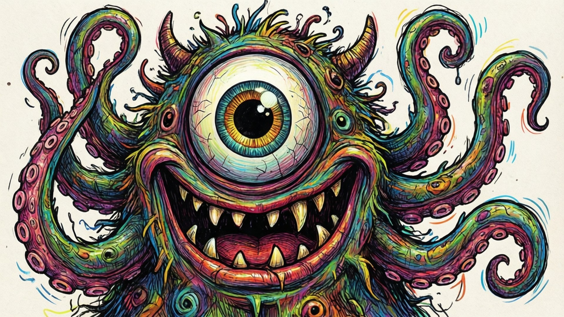 Playful Monster Doodle 壁紙 — 一個充滿活力的卡通怪物，有一隻巨大的眼睛、鋒利的牙齒和色彩繽紛的觸手在頭部周圍旋轉。