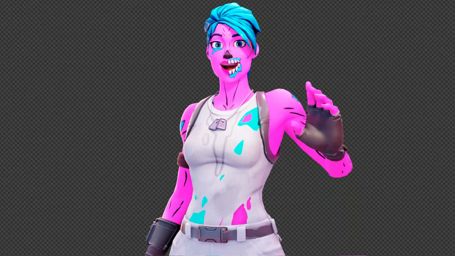  壁紙 — 一個充滿活力的粉紅色和青色Fortnite角色，藍色頭髮和油漆飛濺，在格子背景前愉快地擺姿勢。