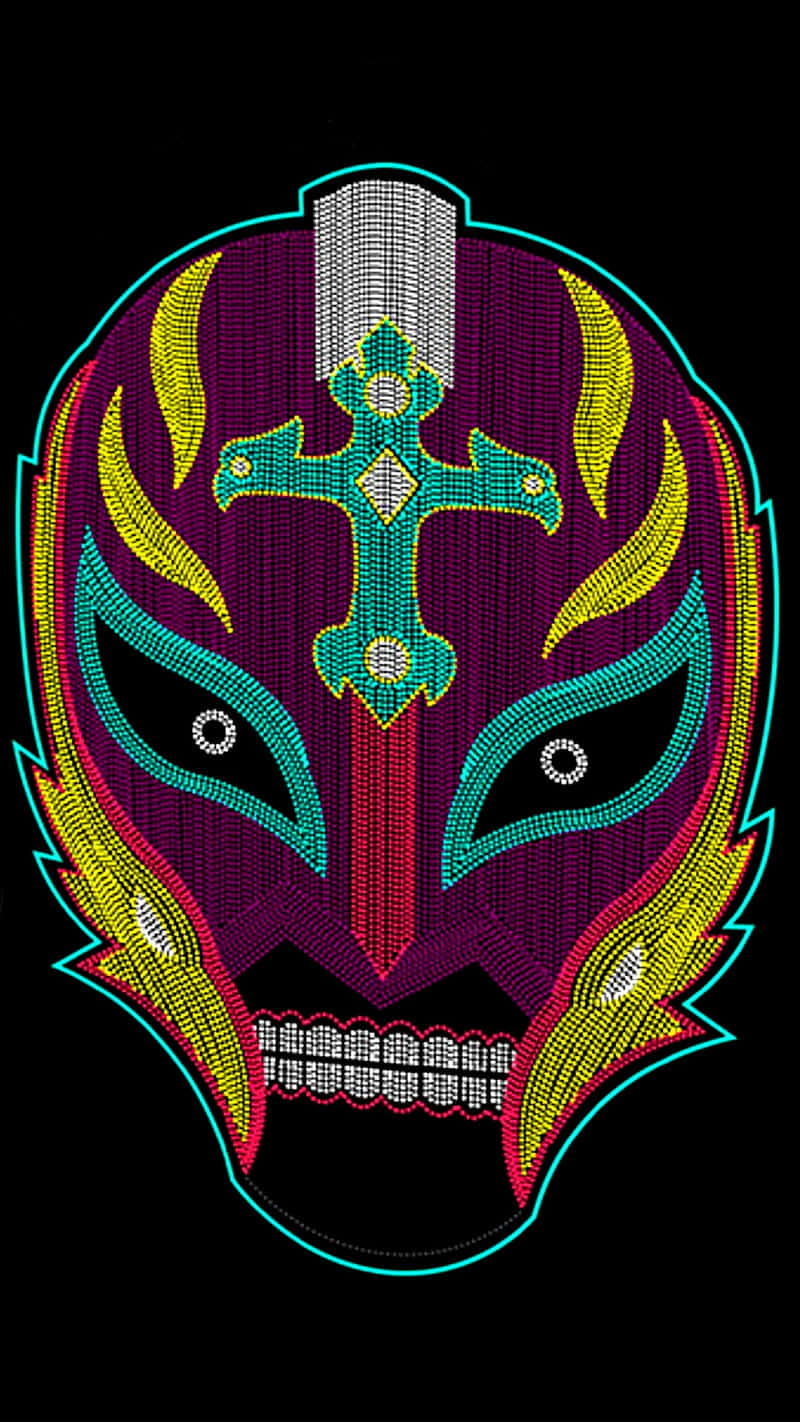 壁紙 — 一個充滿活力的珠飾 lucha libre 面具，帶有藍綠色十字架和火黃色點綴，背景為黑色。