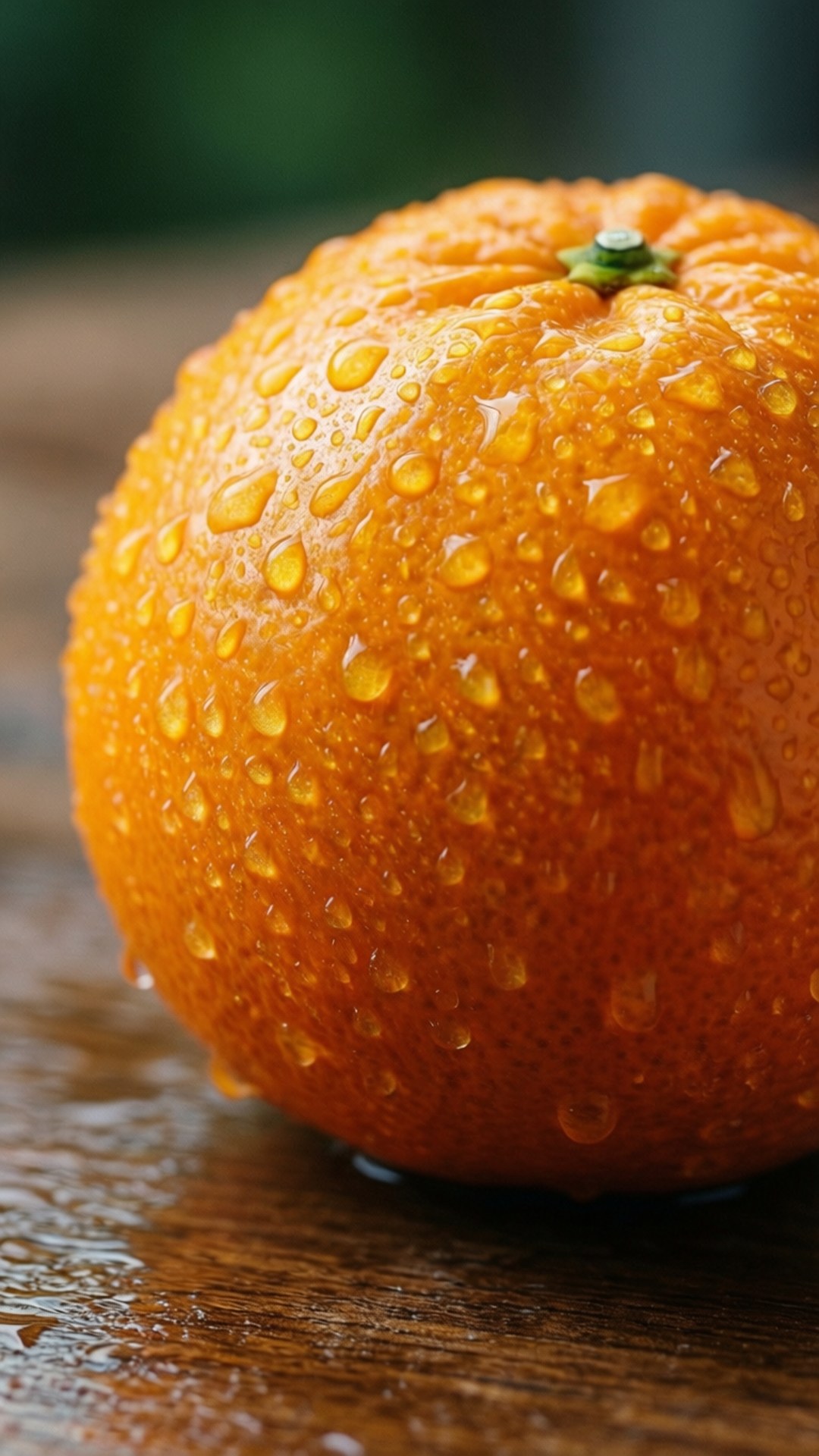 mandarin 桌布 壁紙 — 一個充滿活力的橙子在潮濕的木質表面上，其紋理果皮上閃爍著露珠般的水滴。