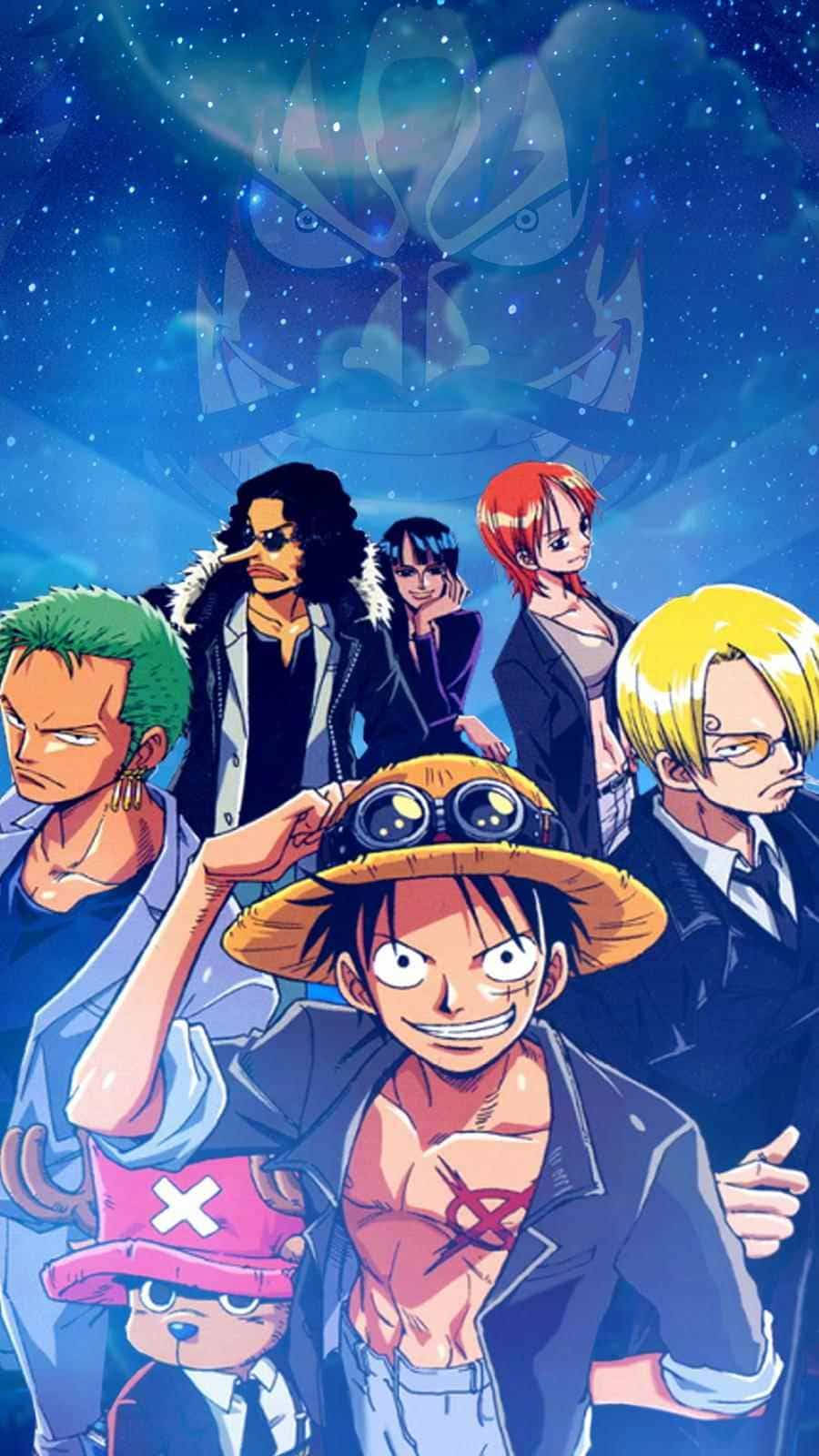 草帽船長帶領的動漫海盜團隊在星空中面對一個幽靈面孔。 — 海賊王 iPhone 壁紙 壁紙