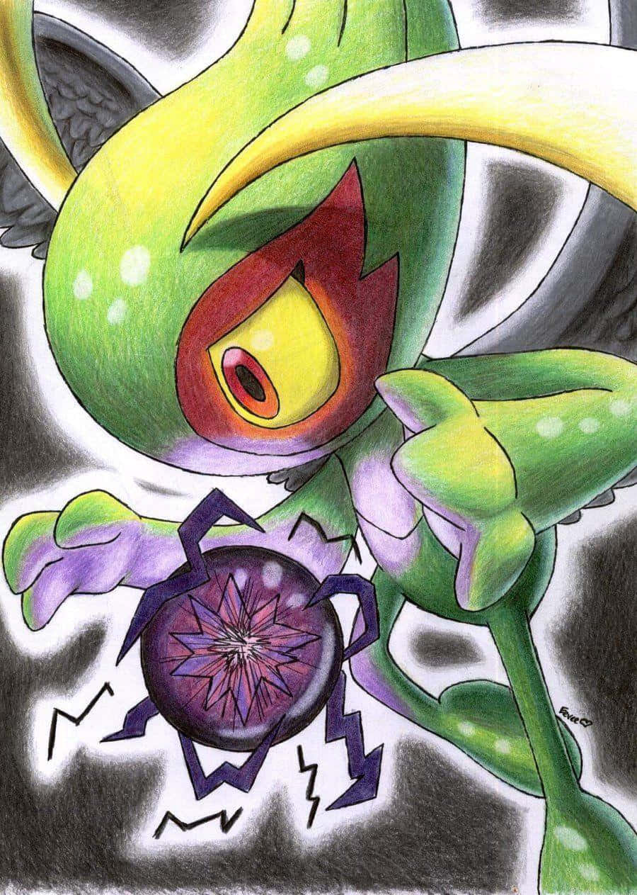 Celebi 桌布 壁紙 — 一個充滿活力的綠色動漫生物，有一隻火熱的眼睛，在鮮明的黑白背景上拿著一個紫色的蜘蛛狀球體。