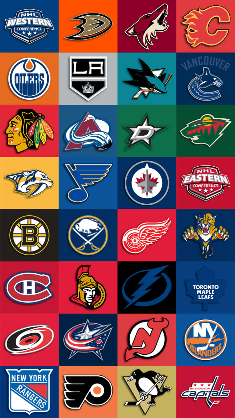 NHL球隊標誌網格，帶有吉祥物和球隊名稱，背景色彩繽紛。 — NBA標誌 壁紙