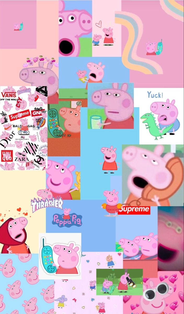 Peppa Pig 卡通時刻與時尚品牌標誌和色彩繽紛設計的拼貼畫。 — iPhone 11 壁紙