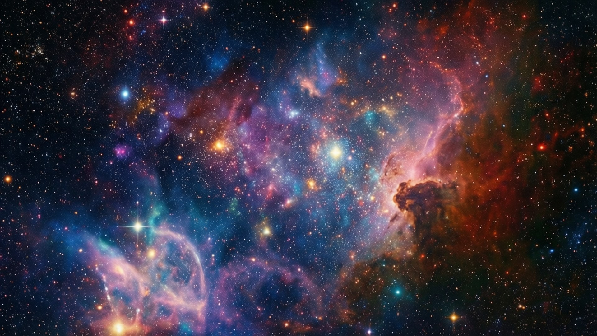Purple Nebula Glory 壁紙 — 一個充滿活力的宇宙星雲，在星空背景下旋轉著發光的紅色、紫色和藍色。