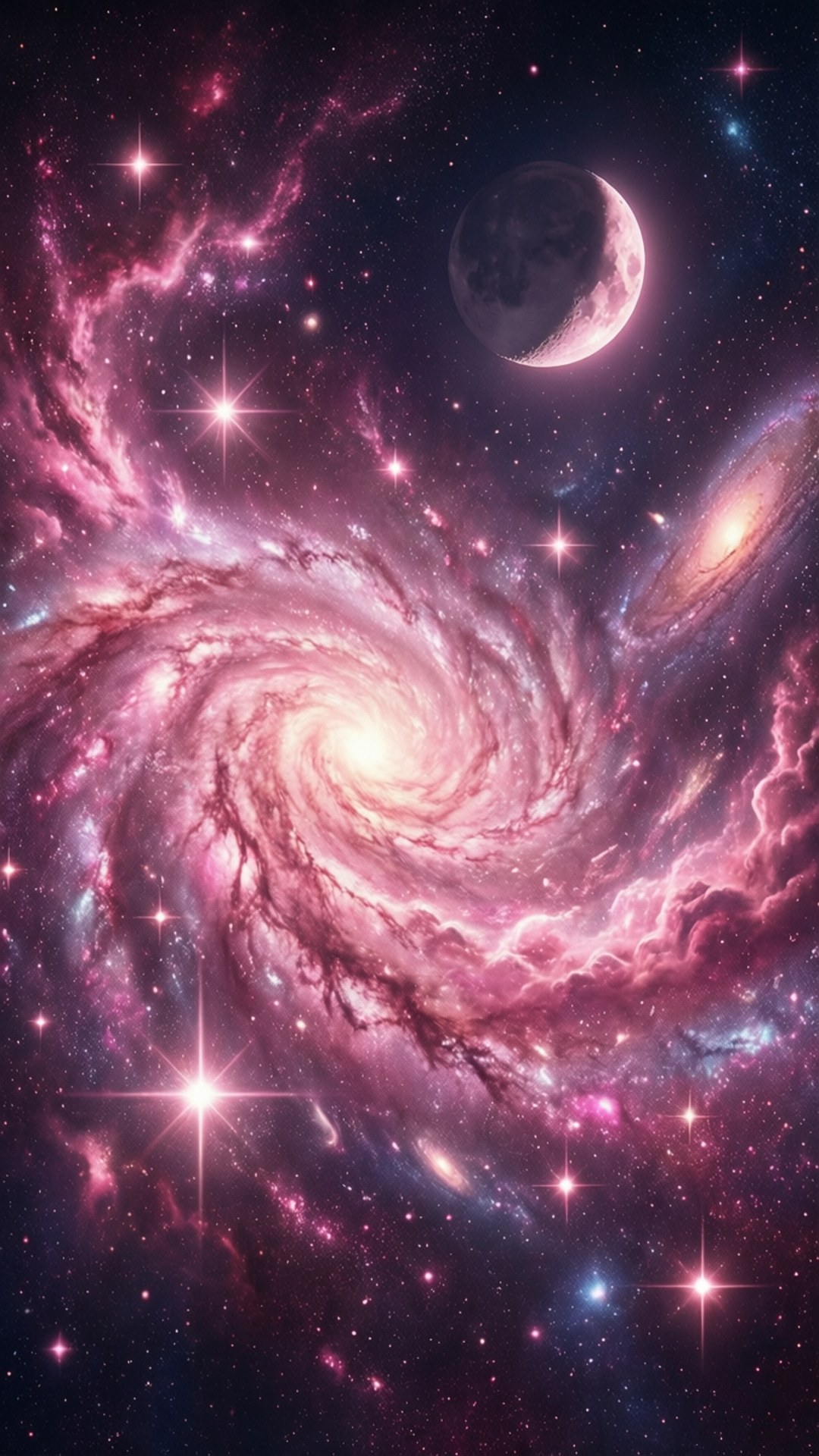 Pink Galaxy 壁紙 — 一個充滿活力的粉紅色和紫色螺旋星系旋轉著，閃爍的星星和一個新月漂浮在宇宙中。
