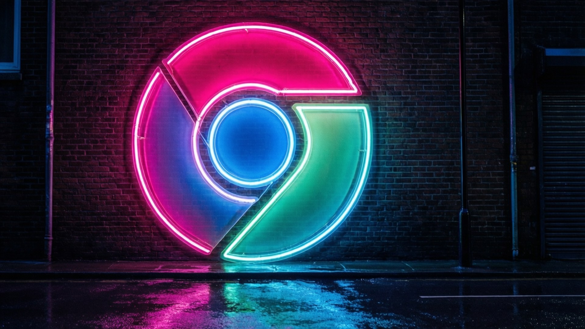 Neon Chrome Sign 壁紙 — 一個充滿活力的霓虹Chrome標誌在深色磚牆上發出粉紅、藍和綠光，並在潮濕的路面上反射。