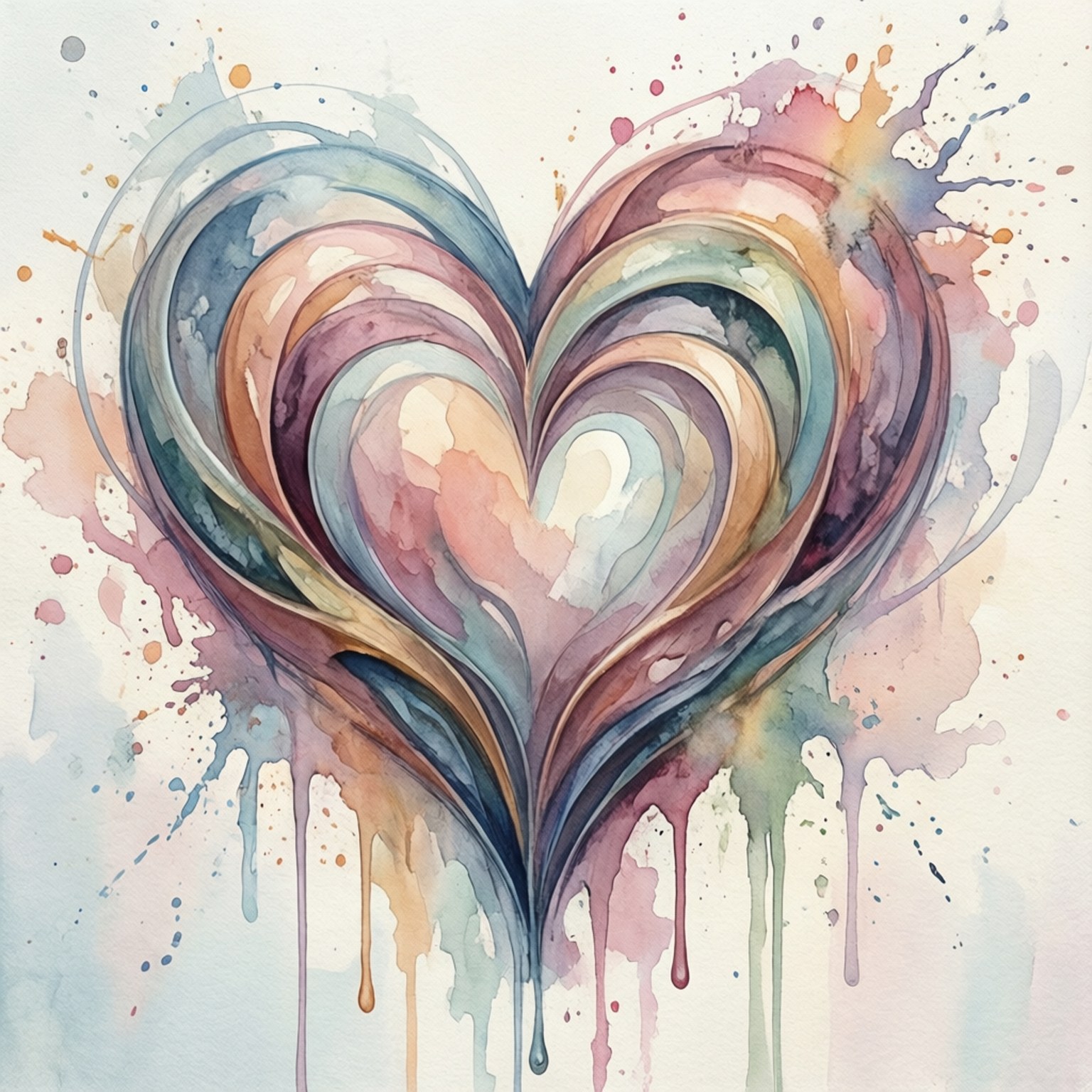 Watercolor Intertwined Hearts 壁紙 — 一個充滿活力的水彩心形，帶有旋轉的色彩和顏料滴落在淺色背景上。