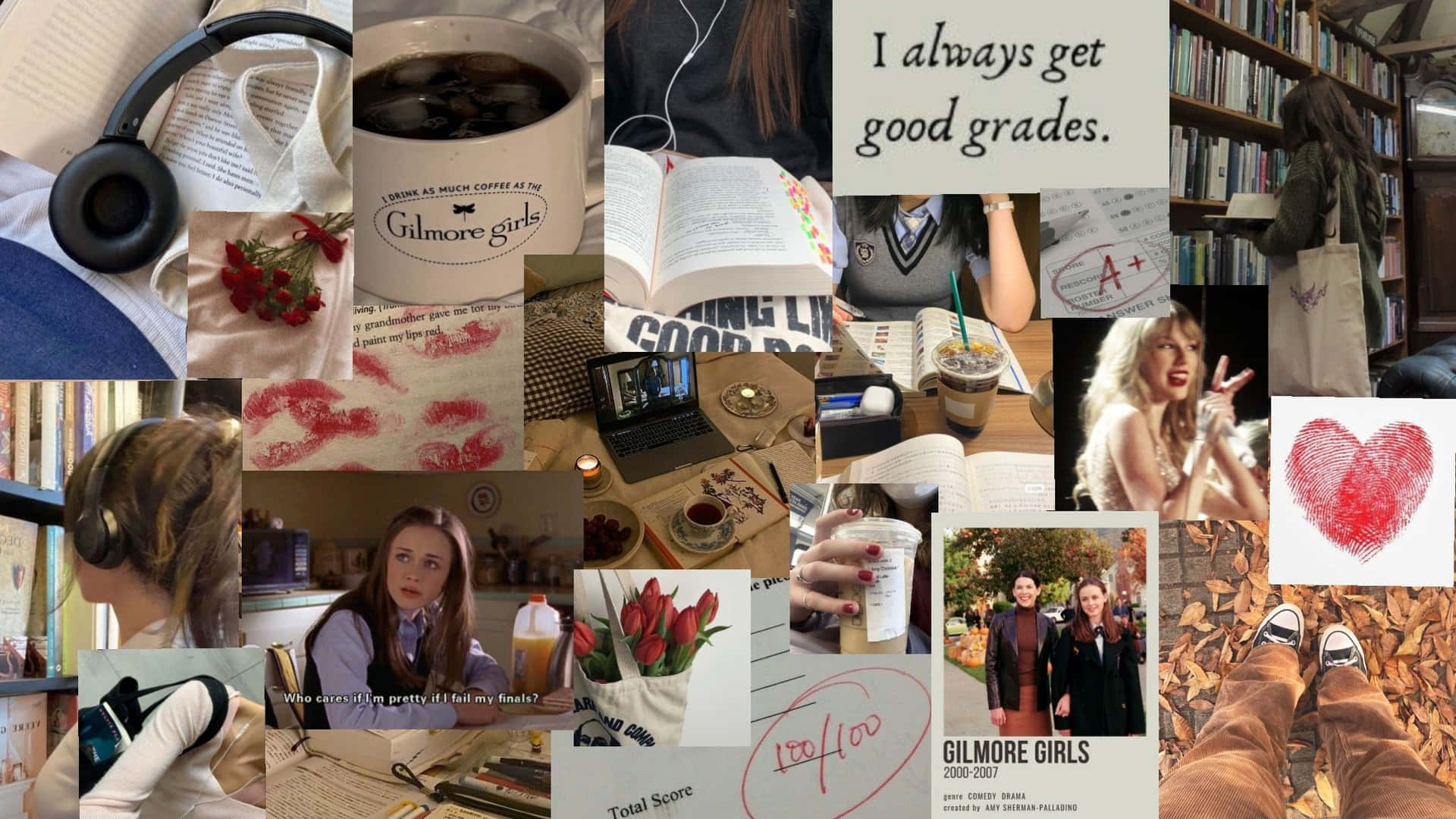  壁紙 — 一個充滿活力的拼貼畫，以咖啡、書籍、Gilmore Girls 語錄和學生生活時刻來慶祝學業成功。