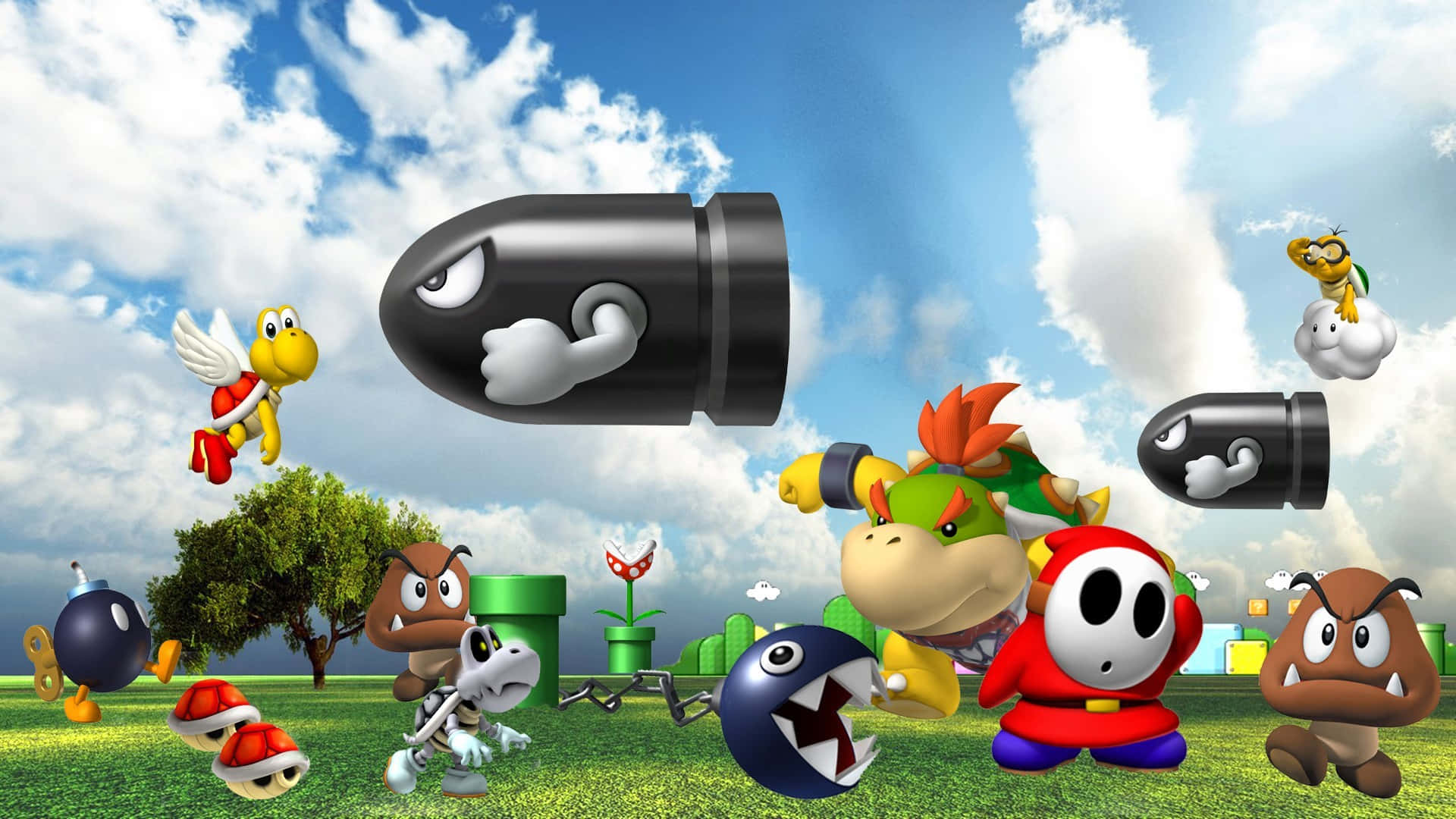 piranha plant 桌布 壁紙 — 一個充滿活力的場景，瑪利歐的敵人如庫巴、慢慢龜和子彈比爾在藍天下陽光明媚的草地上飛翔。
