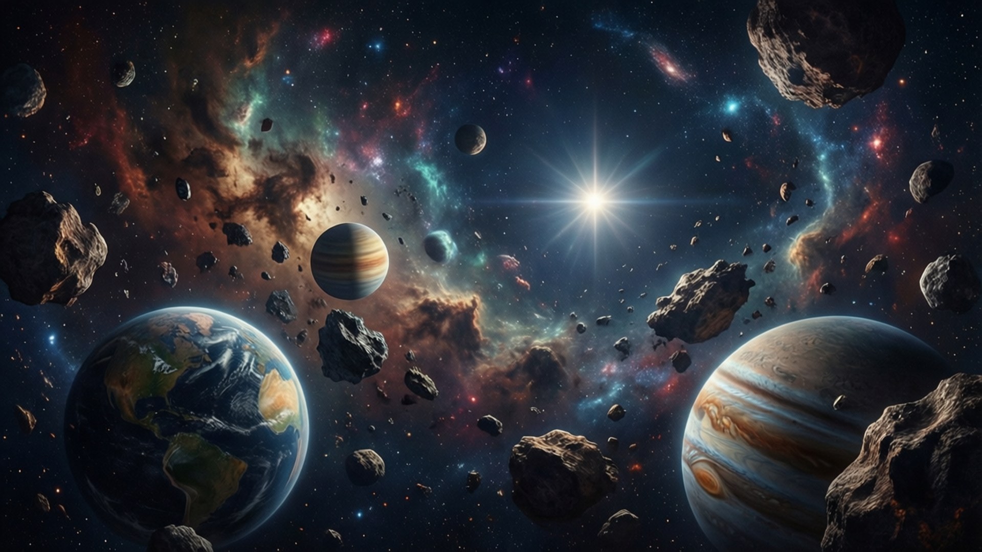 Cosmic Journey 壁紙 — 一個充滿活力的宇宙場景，展示地球、木星和小行星漂浮在色彩繽紛的星雲和一顆璀璨的恆星之間。