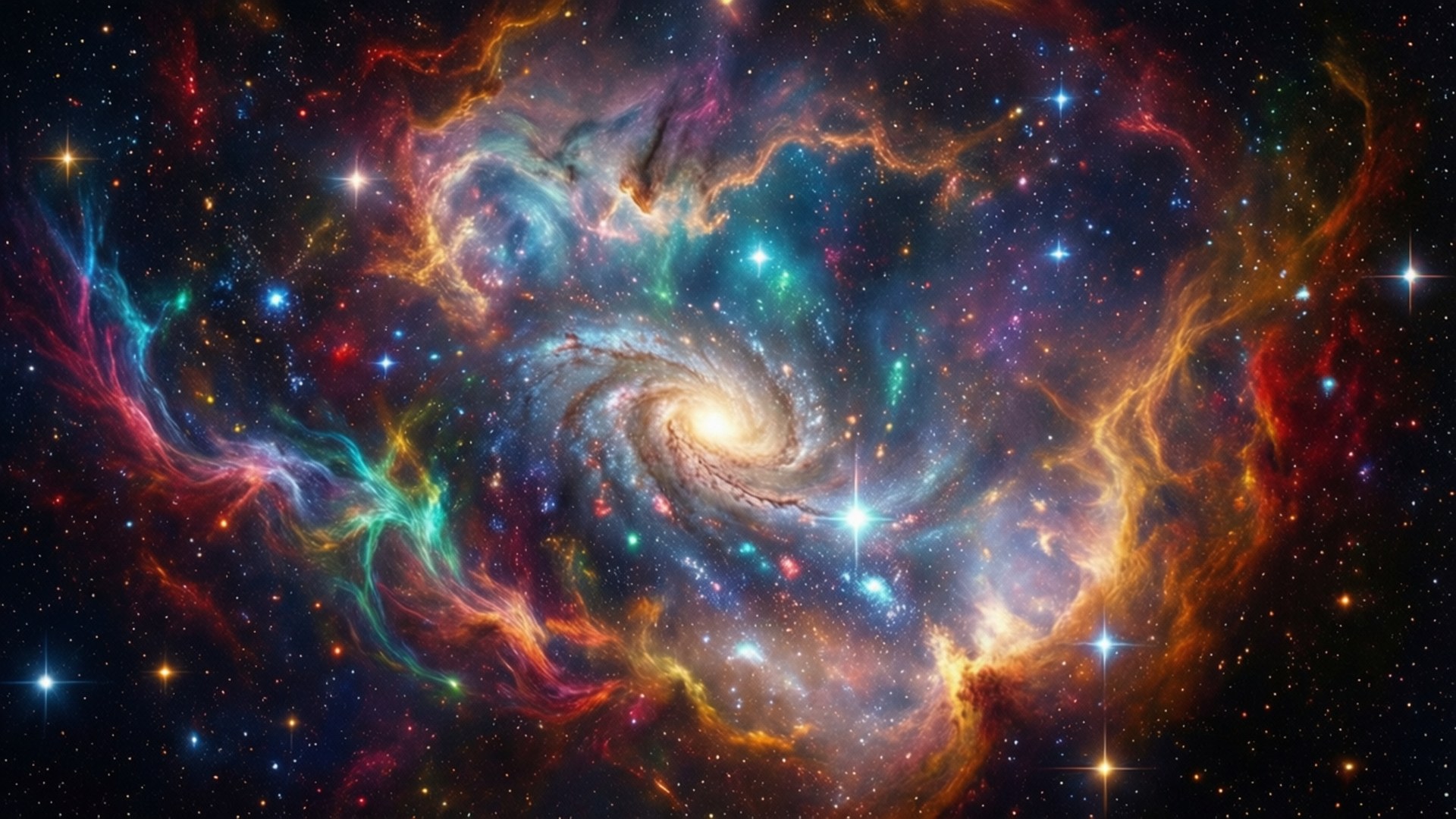 Nebula Deep Space Outlook 壁紙 — 一個充滿活力的螺旋星系，在星場背景下，以火紅、金色和電光藍的發光星雲旋轉。