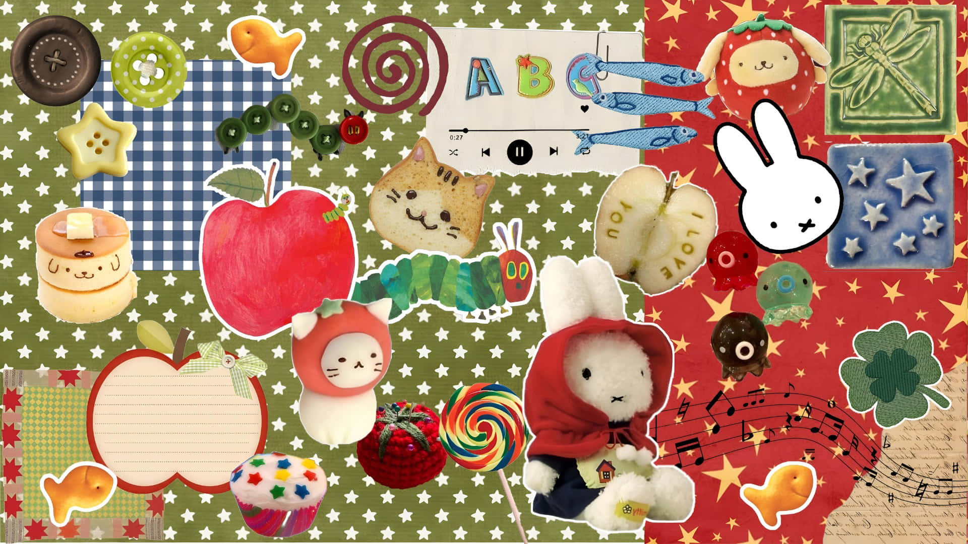  壁紙 — 一個充滿活力的拼貼畫，包含可愛的插圖貼紙， featuring Miffy、毛毛蟲、蘋果、音符和星星背景上的俏皮圖案。