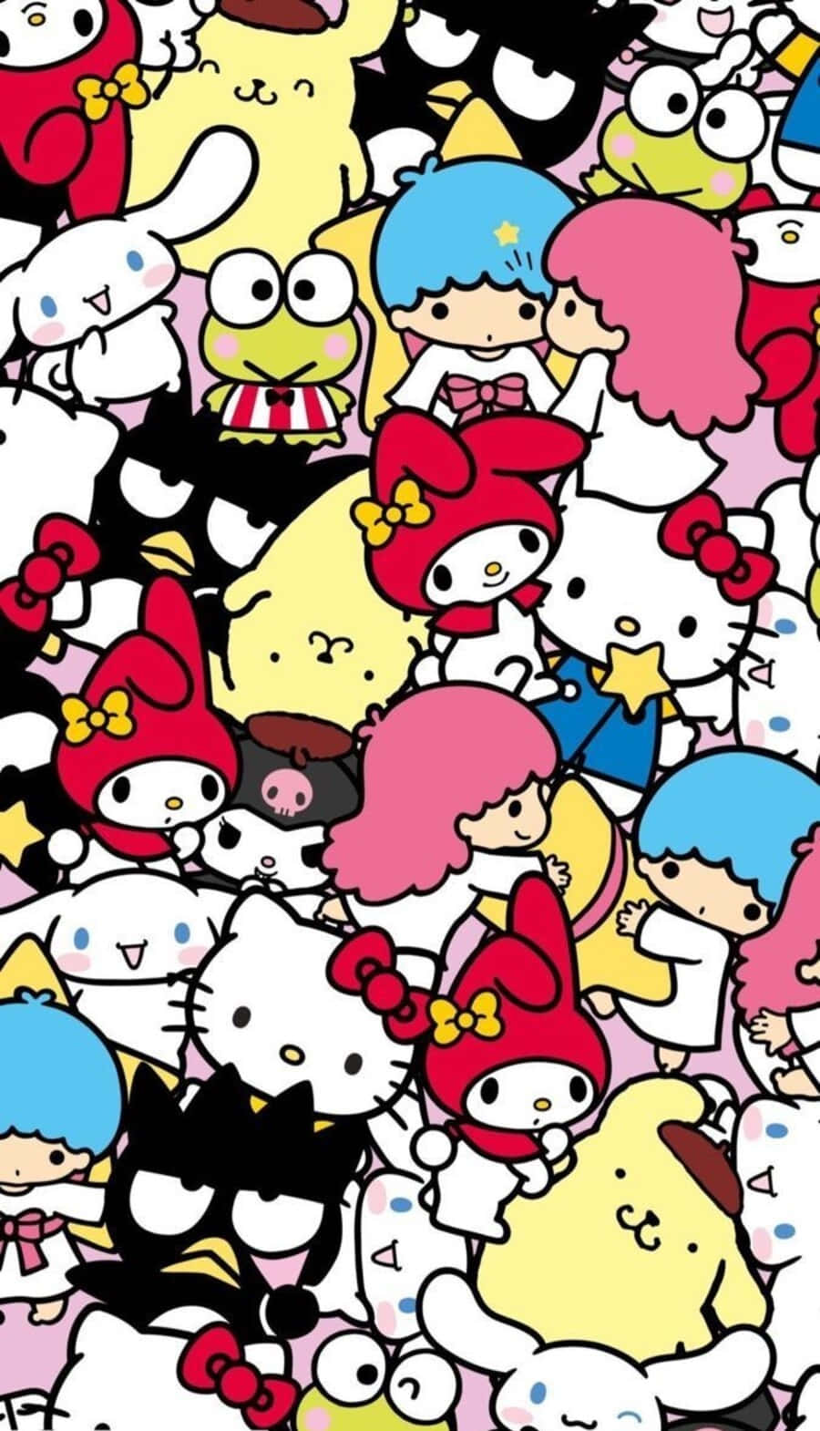 色彩鮮豔的Sanrio卡通人物密集圖案。 — Hello Kitty 壁紙
