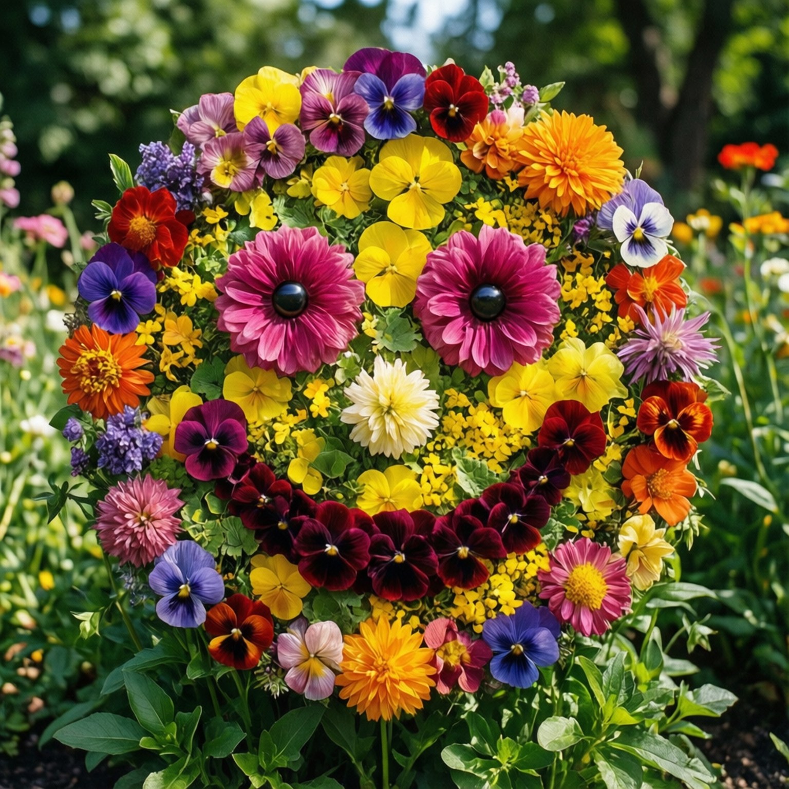 Floral Smiley Garden 壁紙 — 一個充滿活力的圓形花卉佈置，形狀像笑臉，帶有色彩繽紛的花朵和綠色葉子。