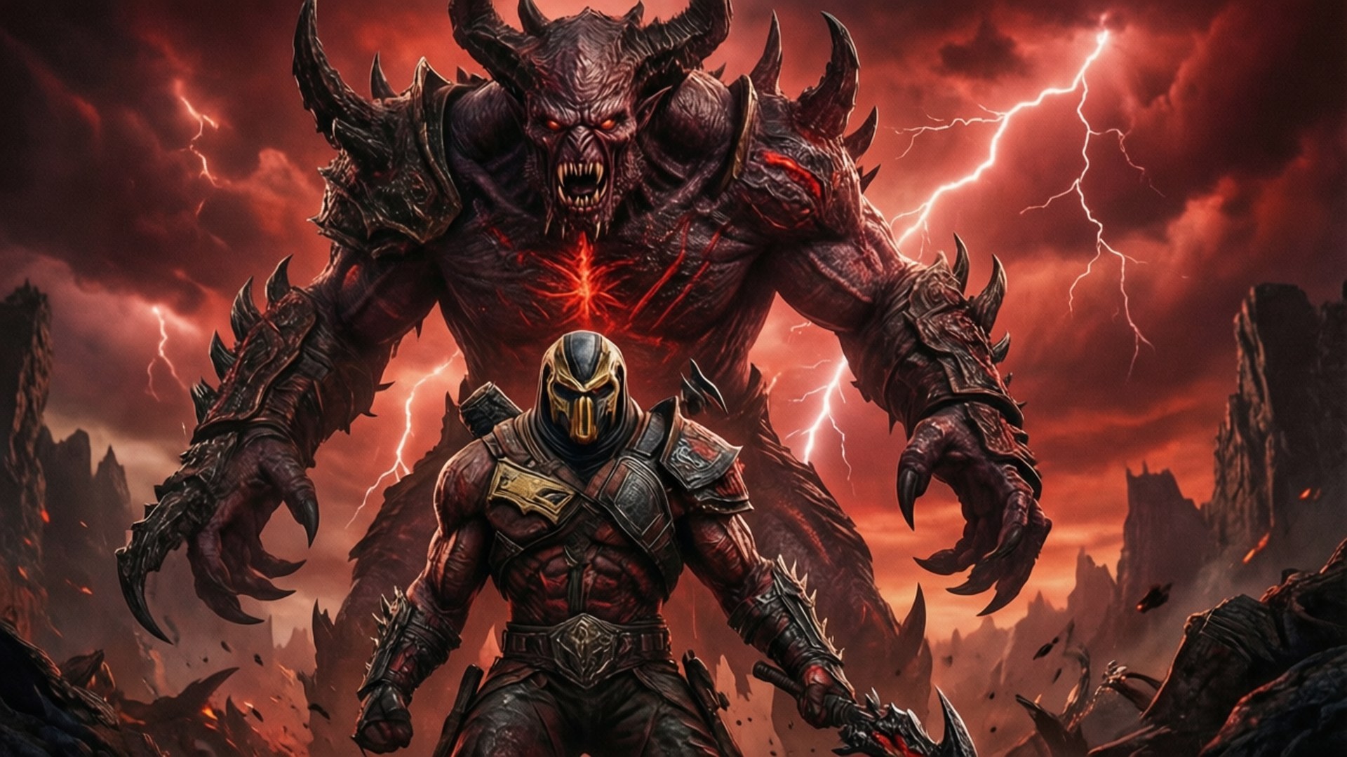 Icon of Sin Confrontation 壁紙 — 一個身穿盔甲的戰士在雷電交加的暴風雨紅天下，挑釁地站在高聳的惡魔野獸面前。