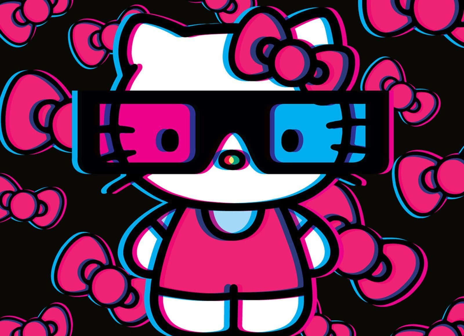 Sanrio Christmas 桌布 壁紙 — 一個戴著3D眼鏡、眼睛發光的風格化Hello Kitty，背景為黑色，佈滿粉紅色蝴蝶結。
