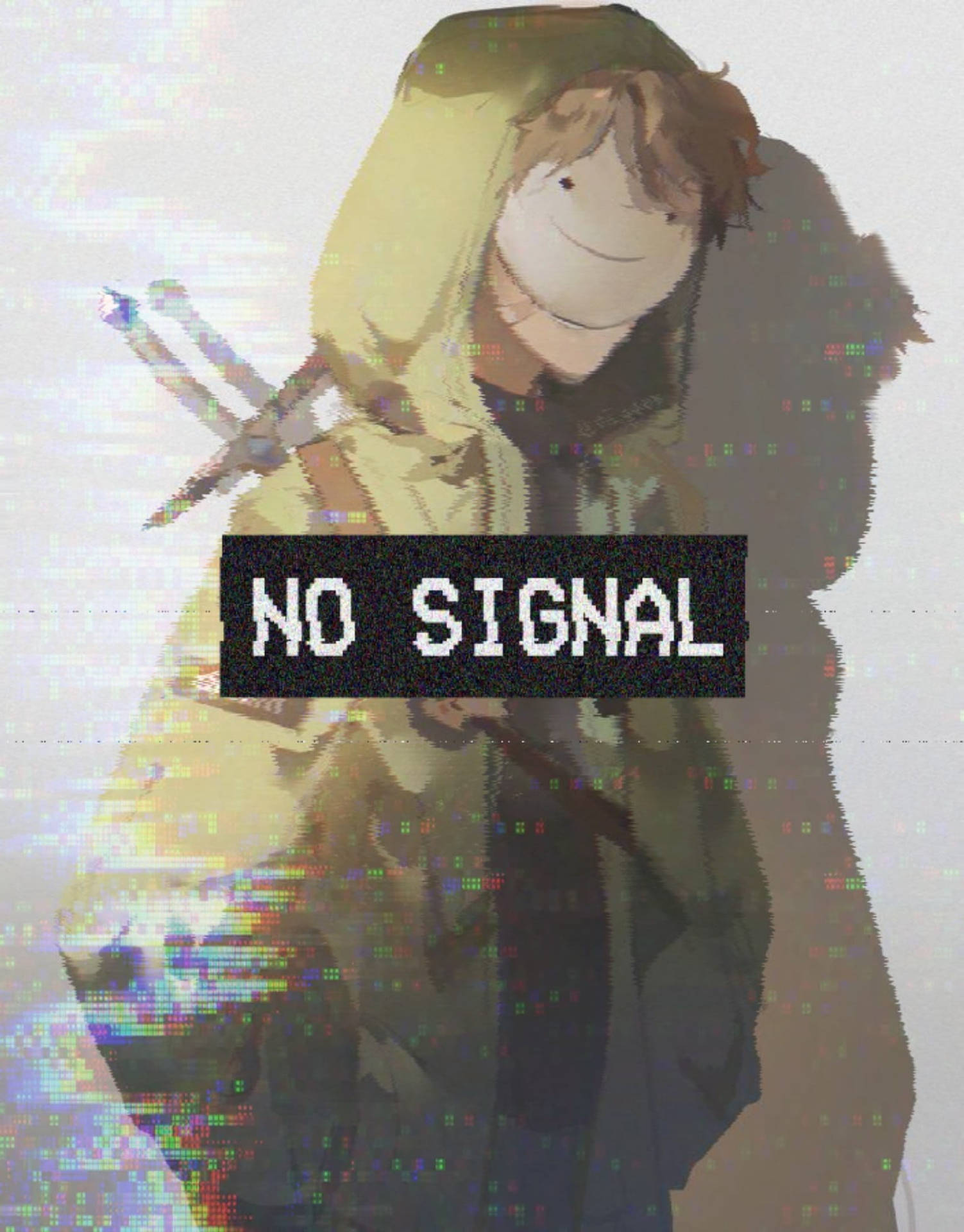 帶有蝴蝶結的動漫角色在「NO SIGNAL」故障文字後面。 — 我的世界 夢境 壁紙