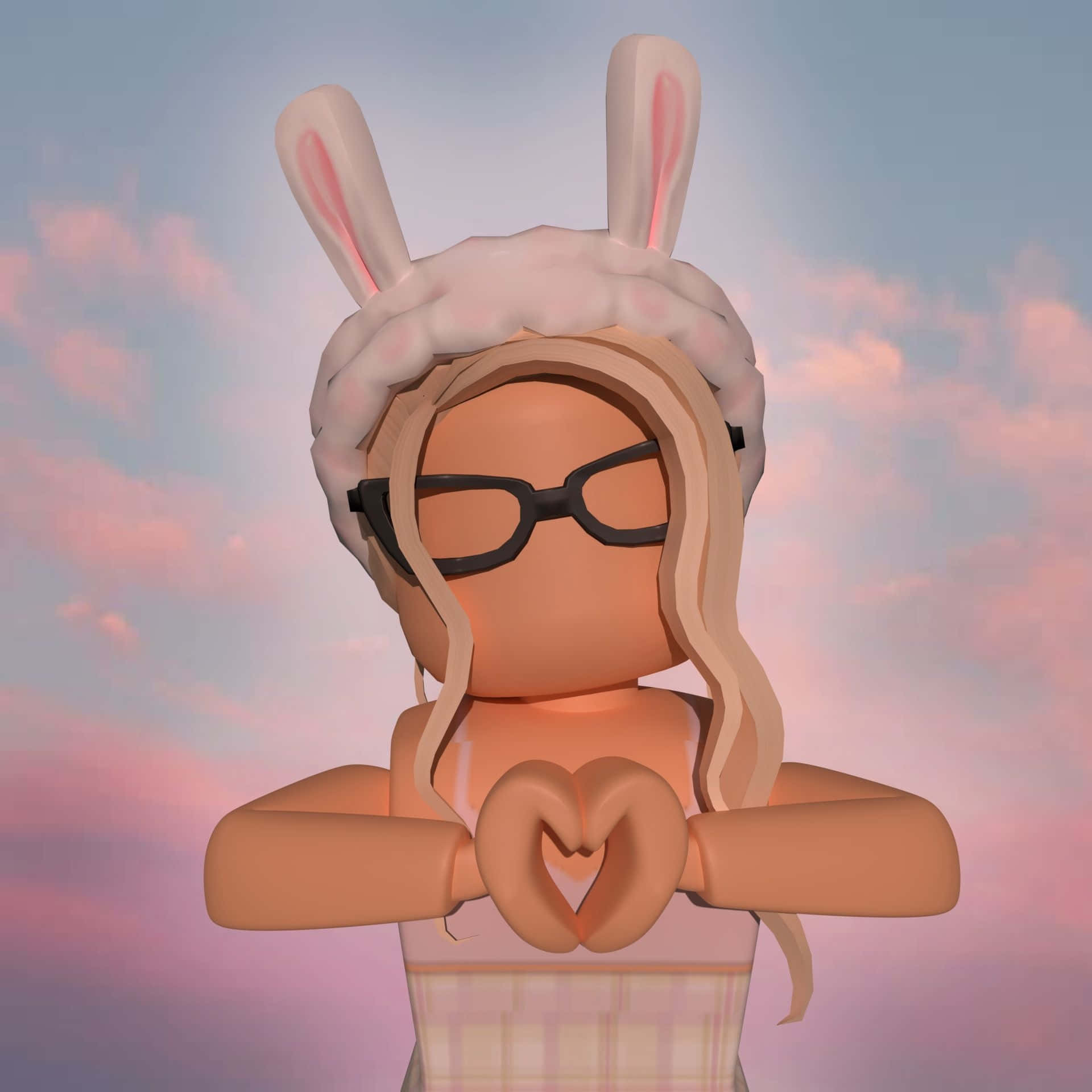 戴兔耳的Roblox角色在日落時做出心形手勢 — Roblox 壁紙
