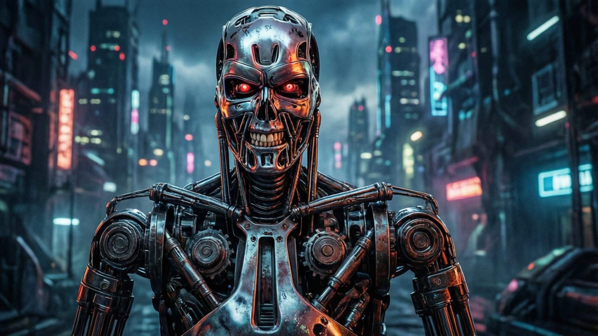 Cyborg Eddie in Neon City 壁紙 — 一個帶有發光紅眼的威脅性金屬機器人站在雨淋濕透的霓虹燈光 cyberpunk 城市景觀中。