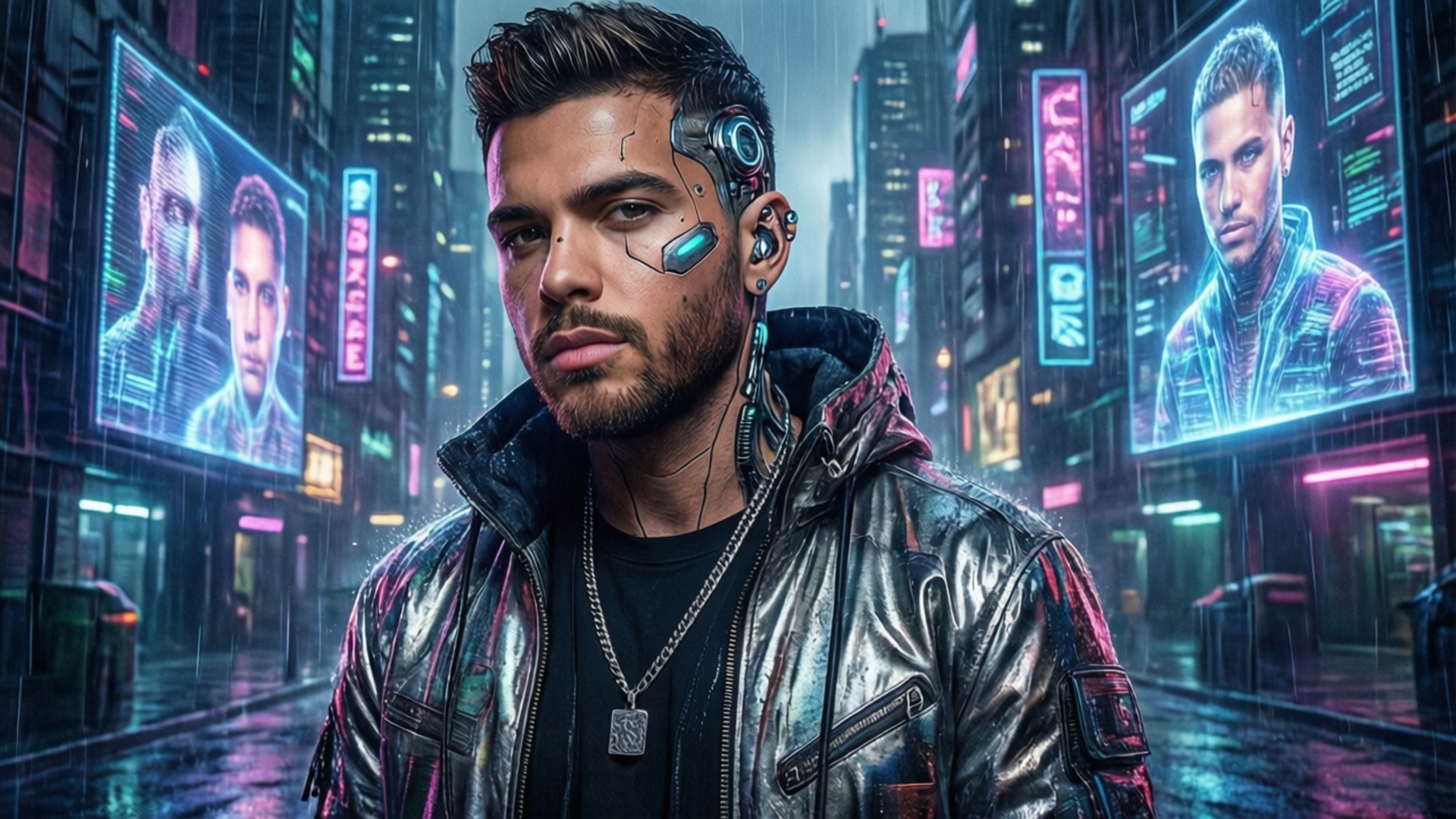 Cyberpunk Future 壁紙 — 一個帶有發光電子耳的賽博龐克男人站在雨淋的霓虹城市景觀中，周圍是全息廣告牌。