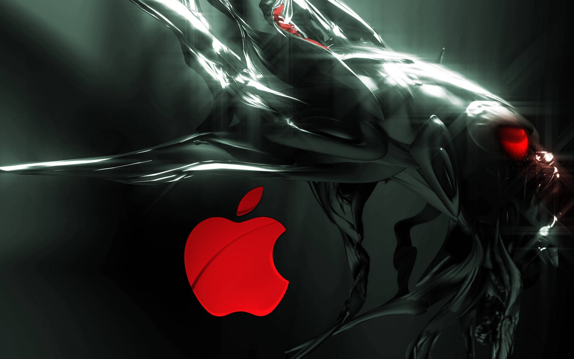 一個發光的紅色Apple標誌，後面有一個黑暗的外星生物聳立。 — 3D 壁紙