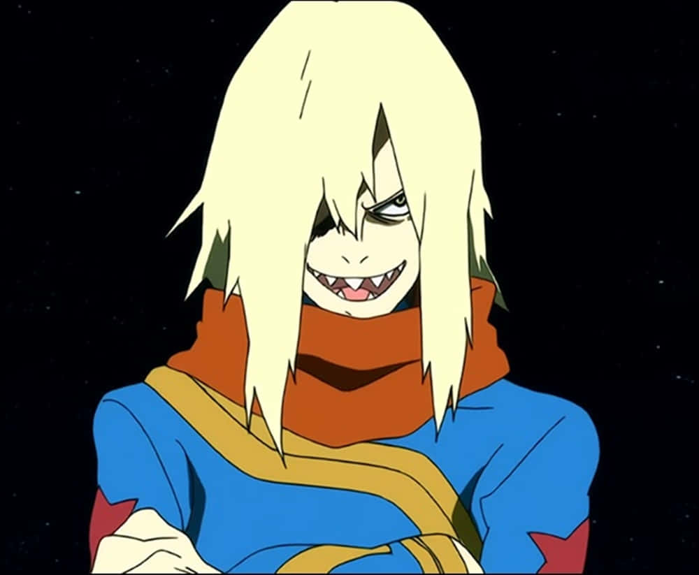 Gurren Lagann Viral 桌布 壁紙 — 一個帶有尖刺金髮和尖銳牙齒的威脅性動漫角色，在星光點點的黑色背景上咧嘴而笑。