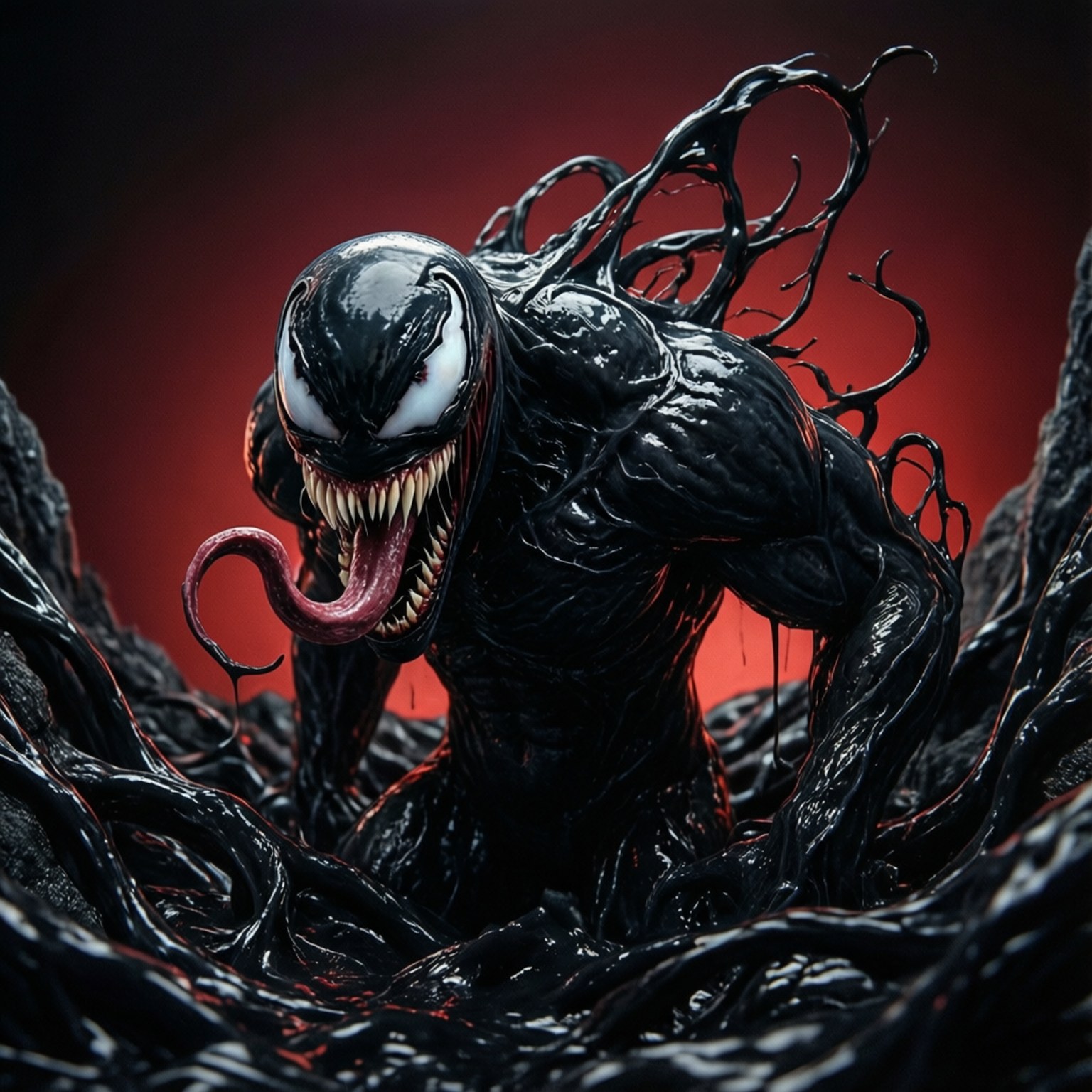 Venom Let There Be Carnage 桌布 壁紙 — 一個帶有尖牙和長舌頭的威脅性黑色共生體生物，從血紅色背景上的黑暗觸手中出現。