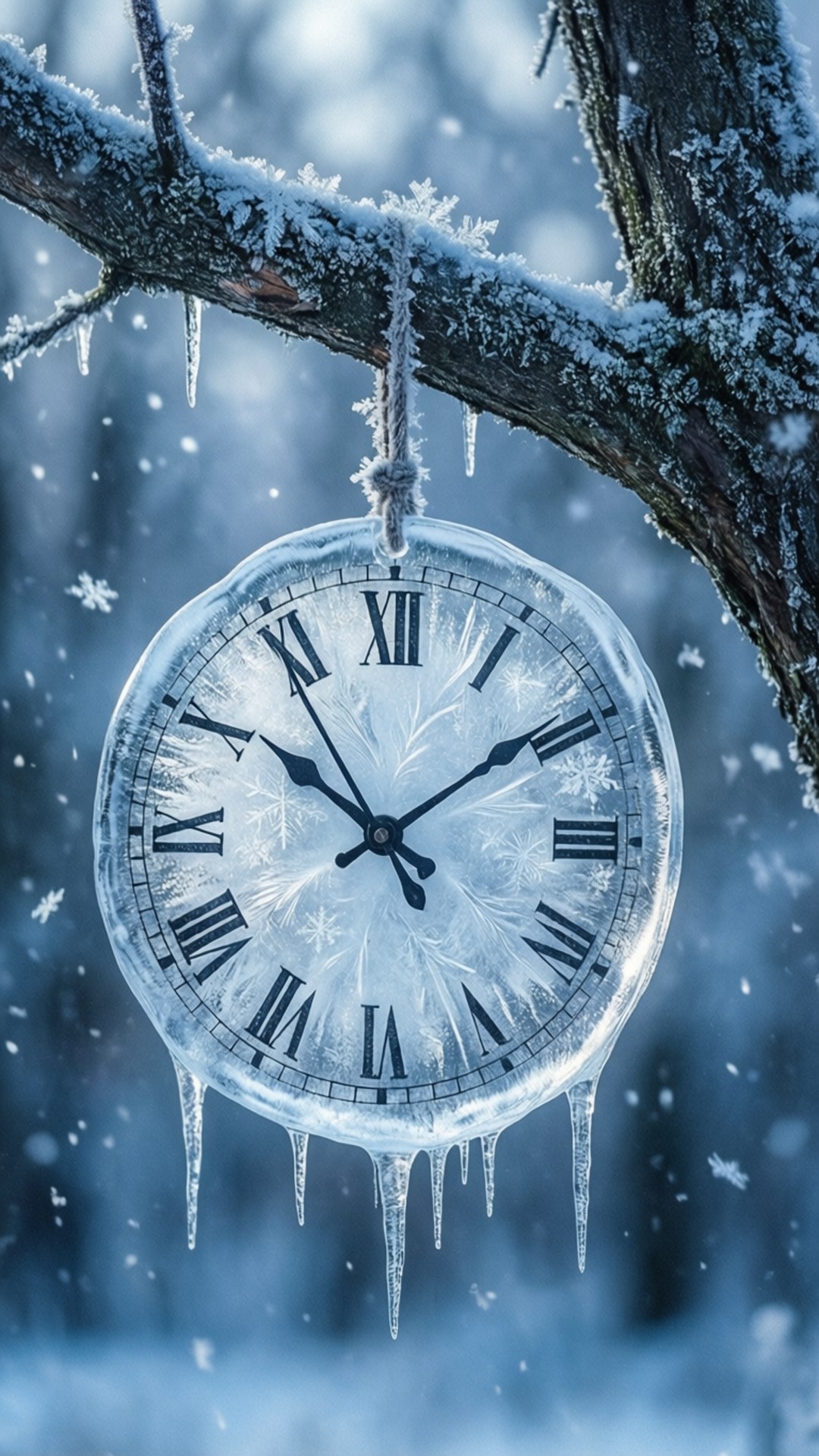 Frozen Ice Clock 壁紙 — 一個帶有羅馬數字的冰凍時鐘掛在暴風雪中積雪的樹枝上。