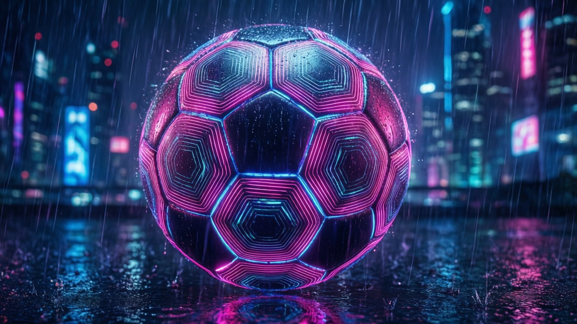 Neon Cyberpunk Pelota 壁紙 — 一個帶有六角形圖案的發光霓虹足球，躺在濕漉漉的城市街道上，映照著模糊摩天大樓的鮮豔燈光。
