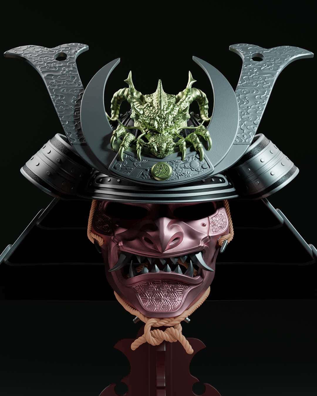  壁紙 — 一個帶有綠色尖刺惡魔紋章和粉紅色鬼面具的威嚇性武士頭盔，背景為黑色。