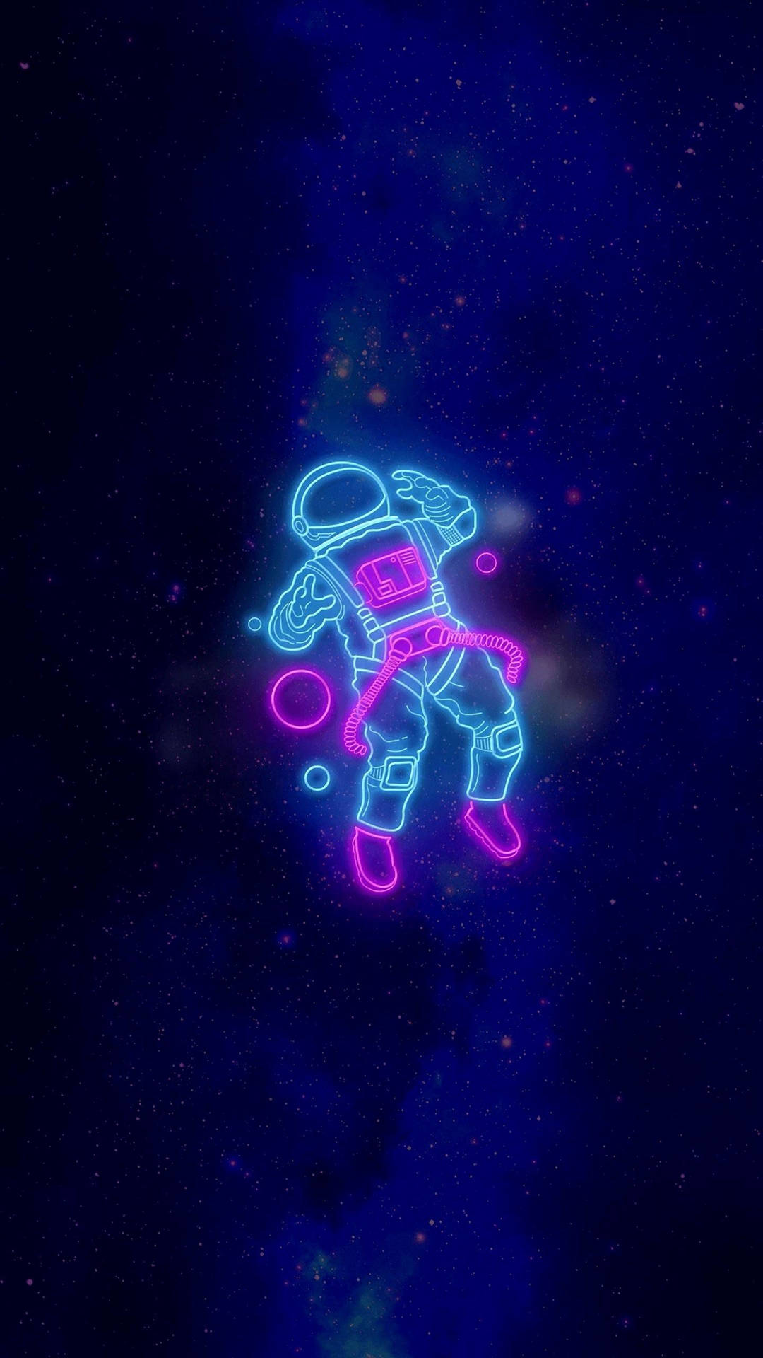 發光霓虹太空人在星空漂浮，帶有發光的藍色和粉紅色輪廓。 — 霓虹 壁紙